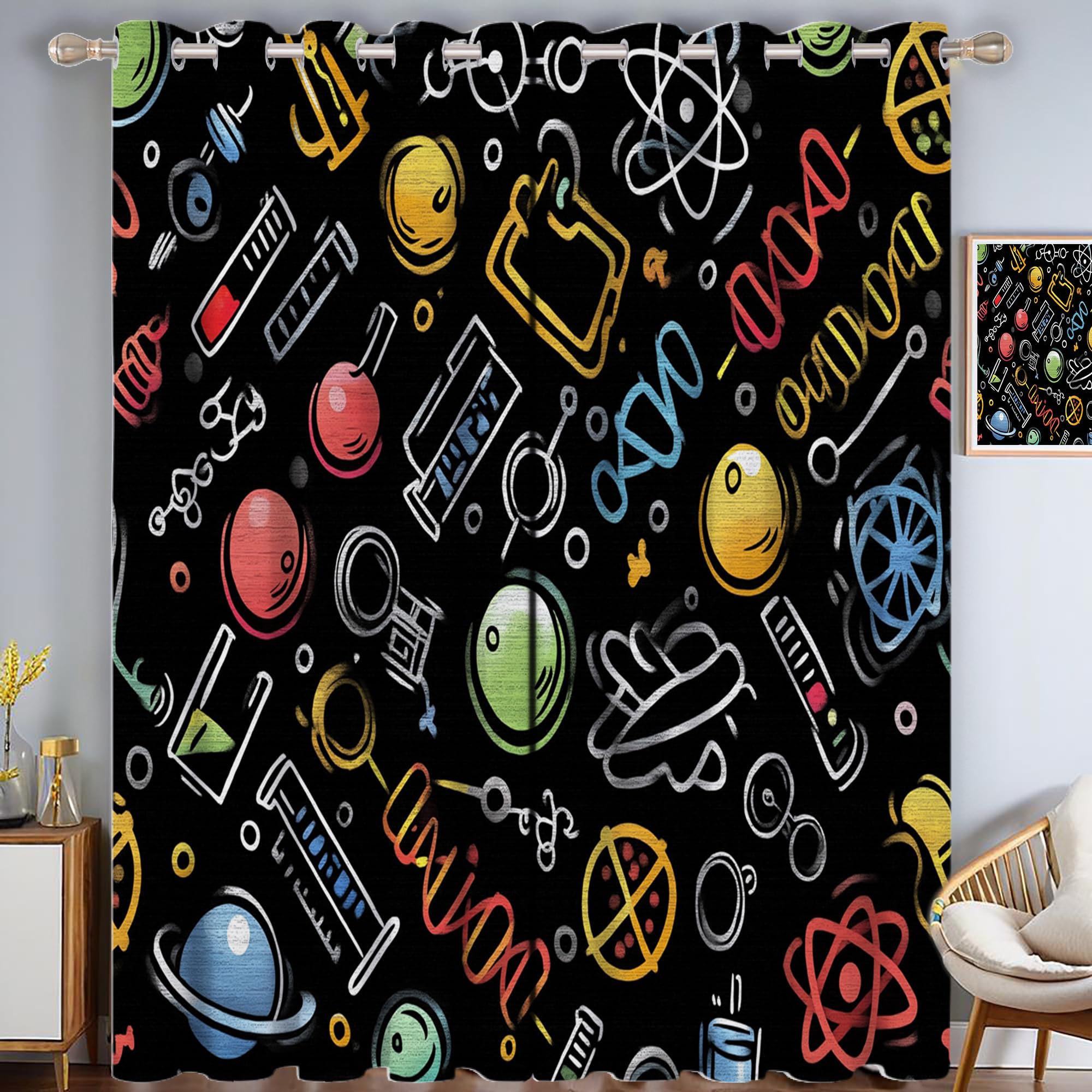 Rideaux occultants motif scientifique jaune et bleu 140x245cm pour decoration de fenetre de chambre