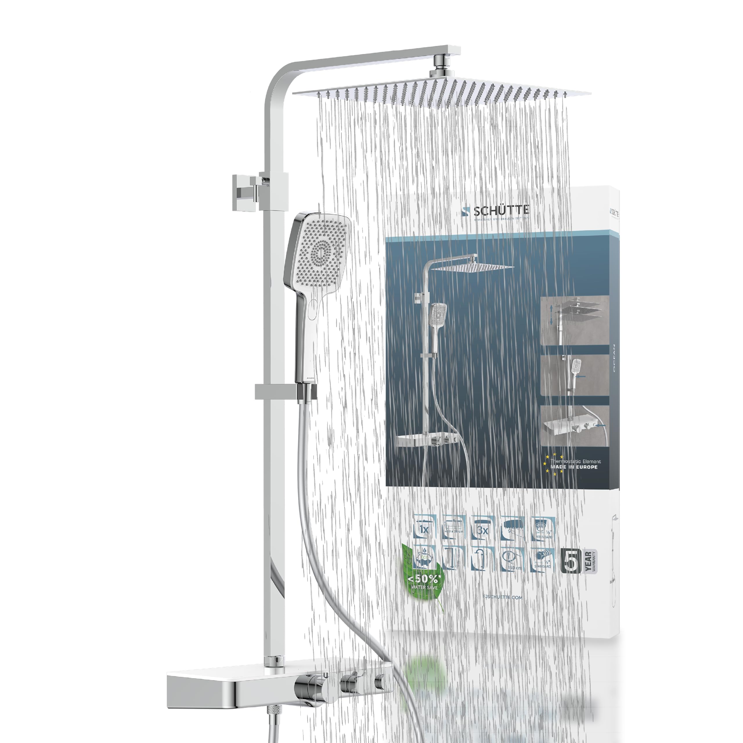 Système de douche effet pluie avec grande étagère en verre Schütte Ocean 60530