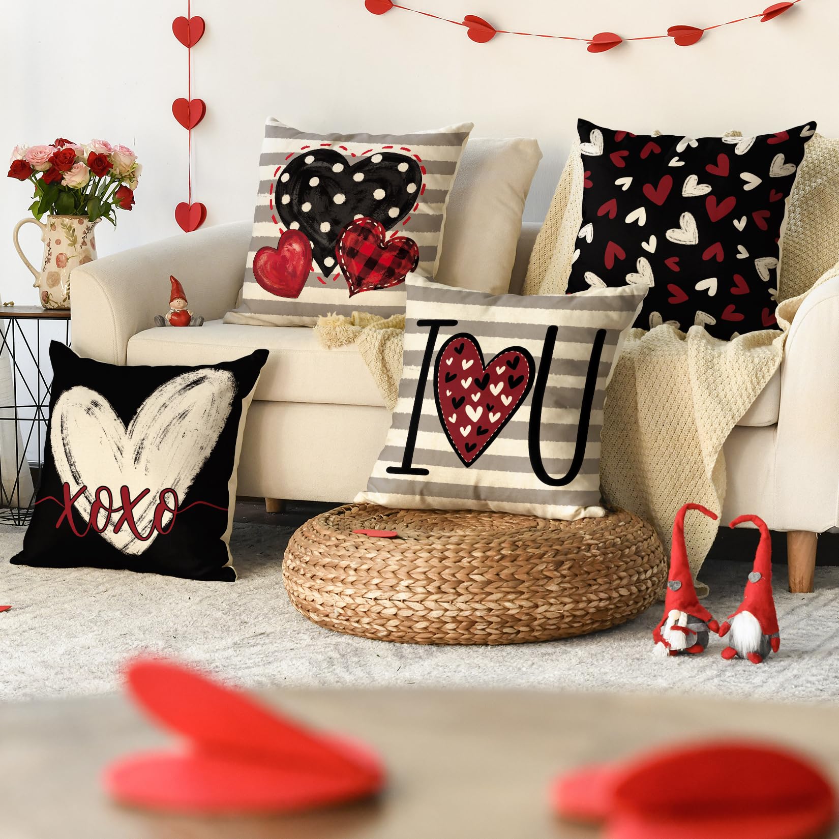 AVOIN colorlife Set di 4 federe per cuscino per San Valentino I Love