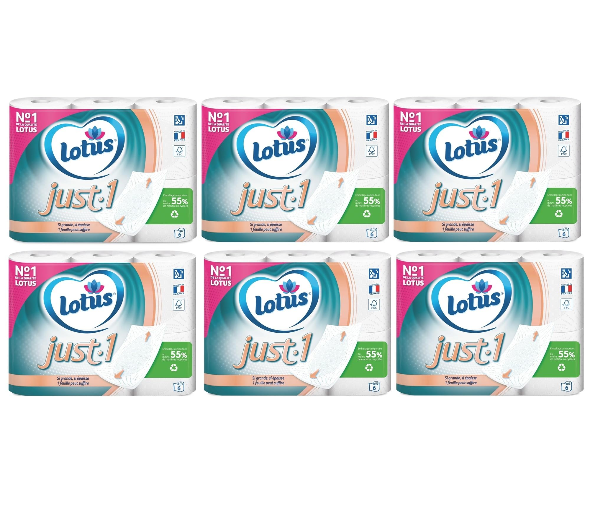 Lotus Just 1, carta igienica bianca, 6 rotoli, ultra morbida, di alta qualità, confezione da 6