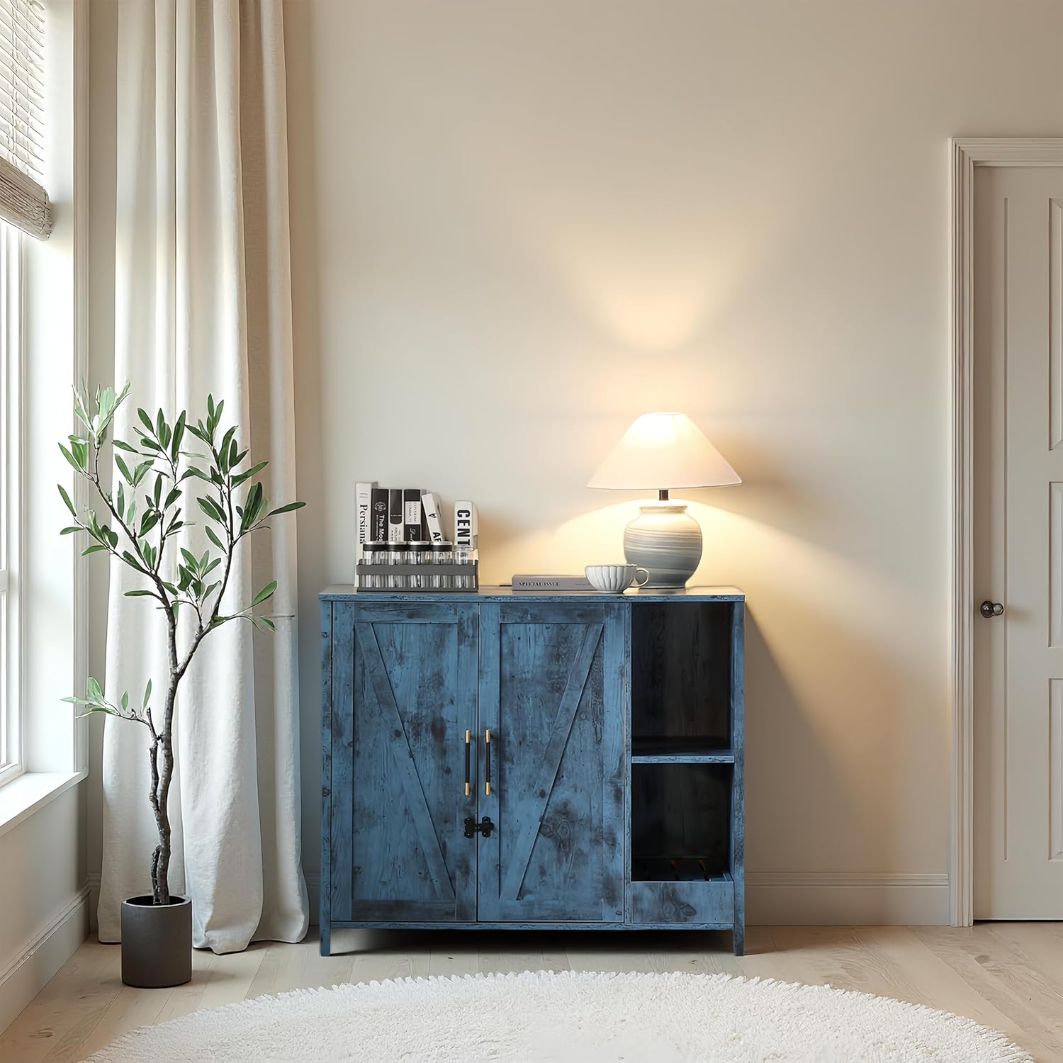 Large Wooden Cat Litter Enclosure, Compatible with Self-Cleaning Litter Boxes, Dog-Proof Adjustable Shelf, Power Socket & Wooden Cat House (Blue)