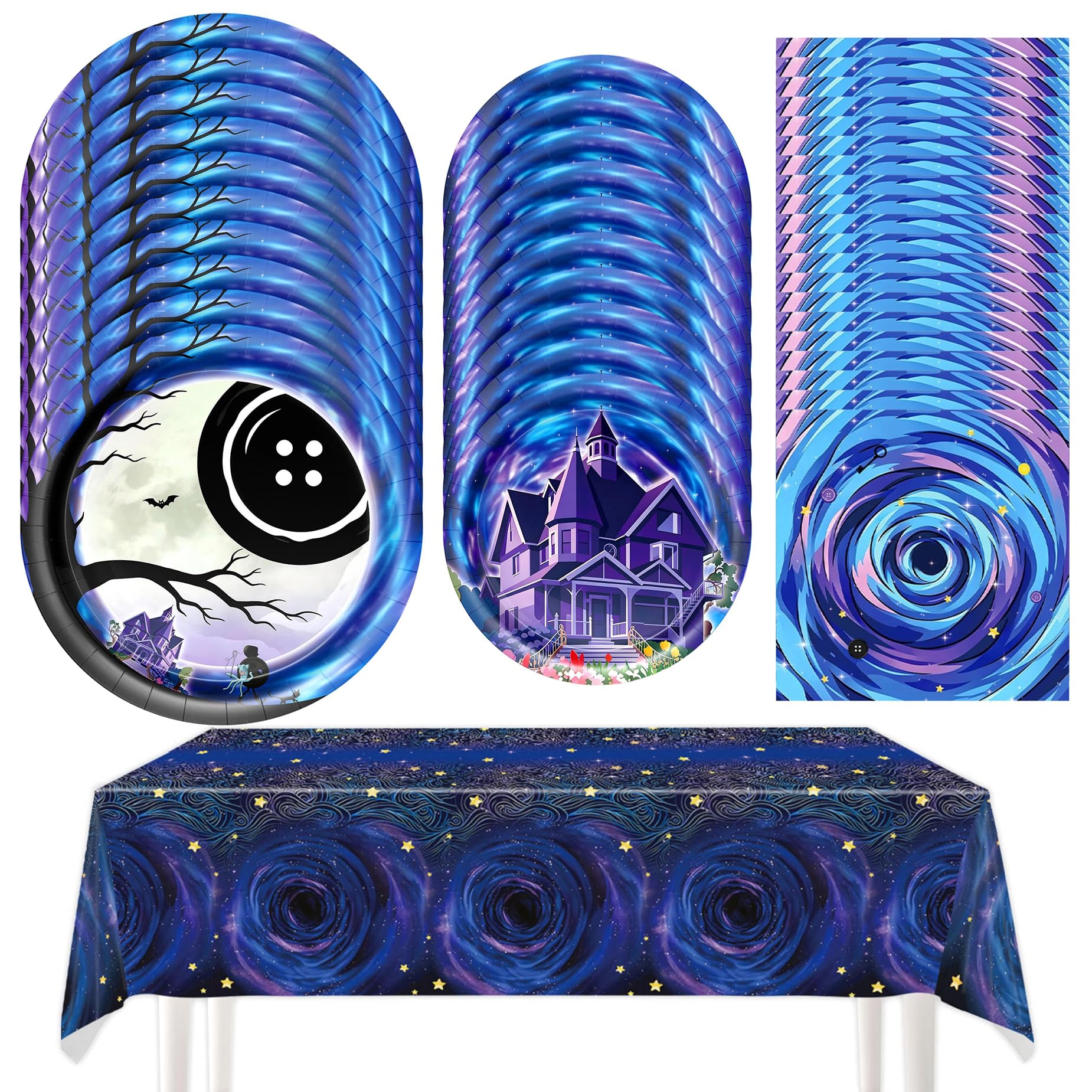 Cartoon Horror Movie Halloween Party Decorations, 41 Pcs Spooky Starry Night Ghost House Button Eyes Party Tableware Supplies with Plates Napkins Tablecloth