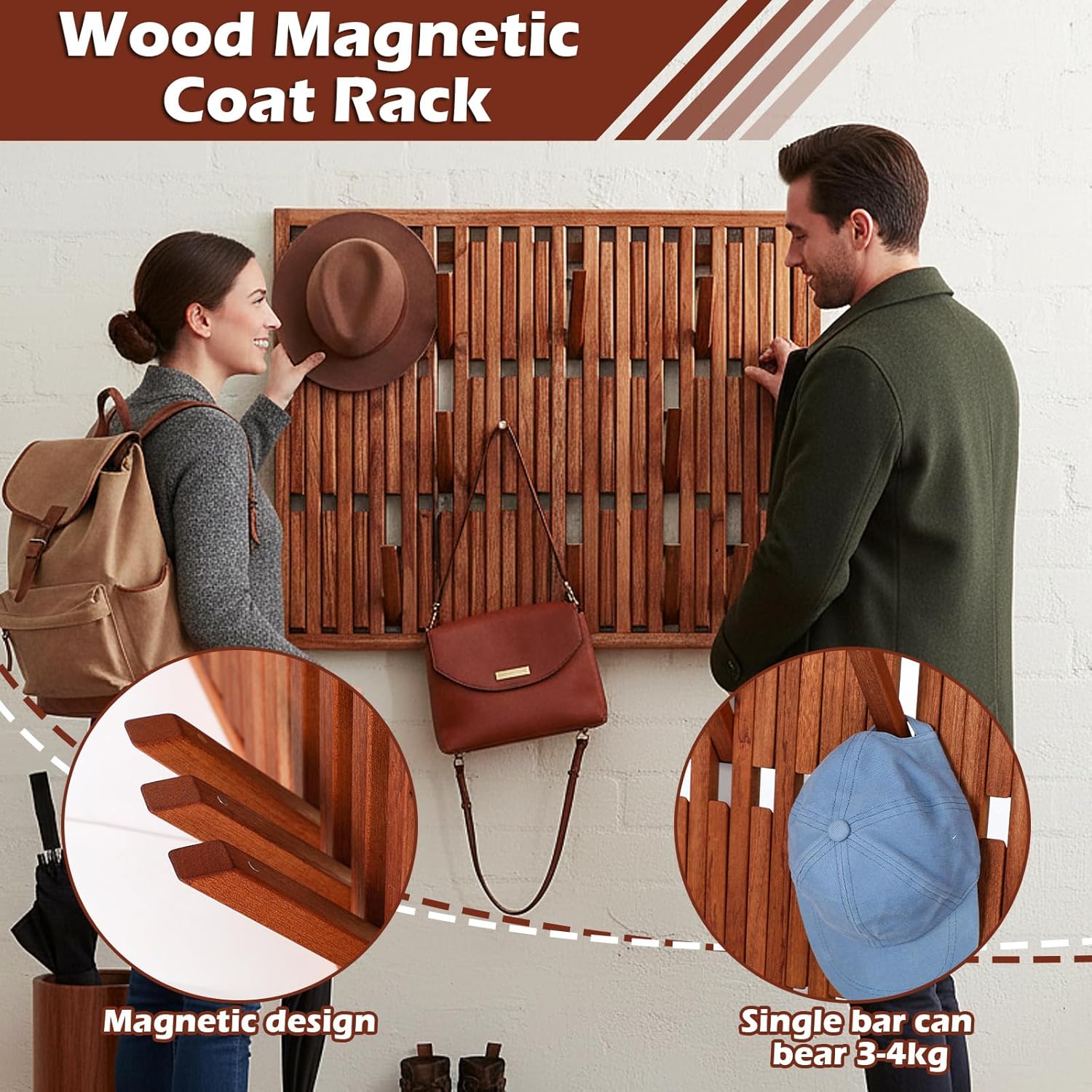 Weysat Piano Coat Rack with 51 Hooks Wall Mounted Large Natural Wood Magnetic Piano Key Coat Rack Flip Down Multi Hook Wall Racks Entryway Hanger Organizer for Clothes Bag Umbrella(24 x 30 Inches)
