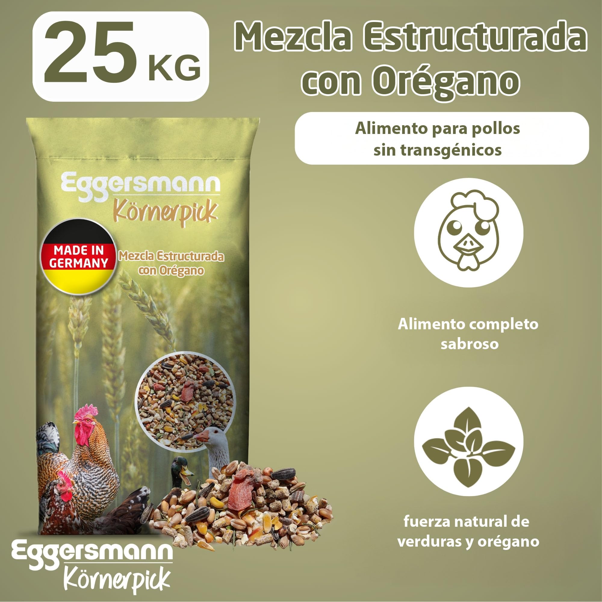 Eggersmann Körnerpick 25 kg de pienso para Pollos - Mezcla de Cereales estructurada con orégano - pienso básico para Aves - Mezcla de Cereales Premium para Pollo, Pato