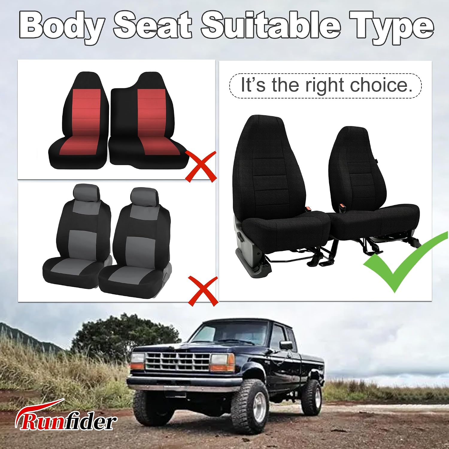 Front 60/40 High Back Seat Covers Compatible with Ford Ranger 1991-1997 Pickup Truck Sandwich Fabric Heavy-Duty Protection Interior Accessories - Black