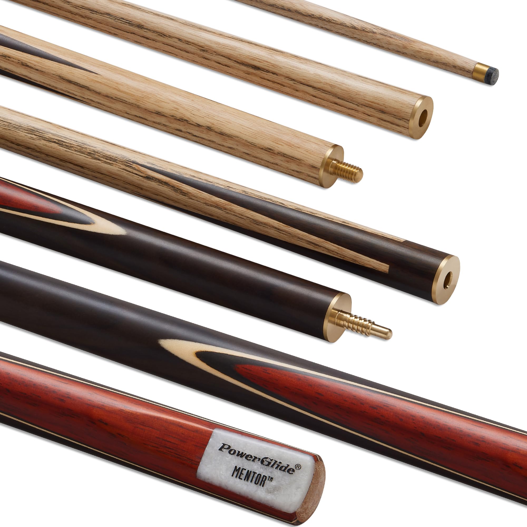 POWERGLIDE One 3-Piece English Pool Cue Stick | Mentor | Ash Wood Shaft with Rosewood Butt and Coloured Veneers | Brass joint | Full Size 57" | 8.5 mm Tip