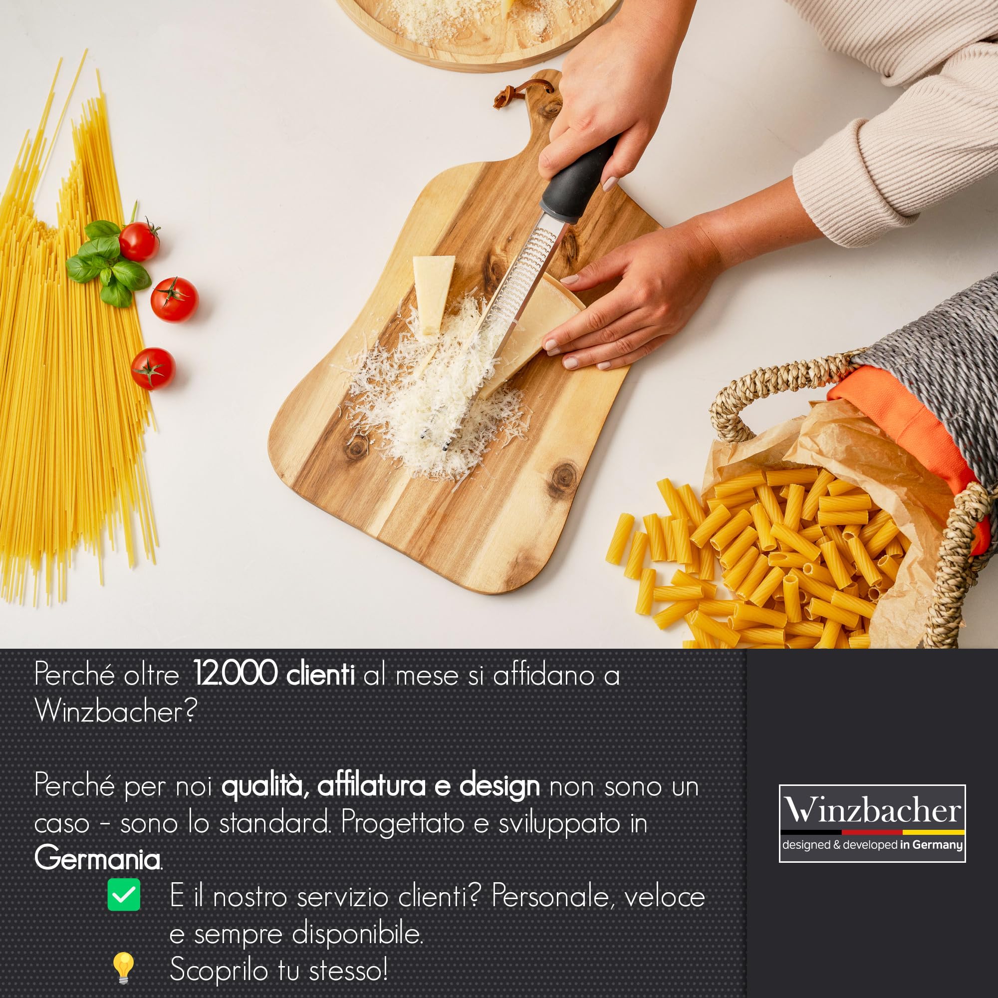 Winzbacher – Grattugia Zesteur Multifunzione | Per Parmigiano, Limone, Noce Moscata, Zenzero, Cioccolato, Aglio | Lama in Acciaio Inox Ultra Affilata | Lavabile in Lavastoviglie | Con Spazzola
