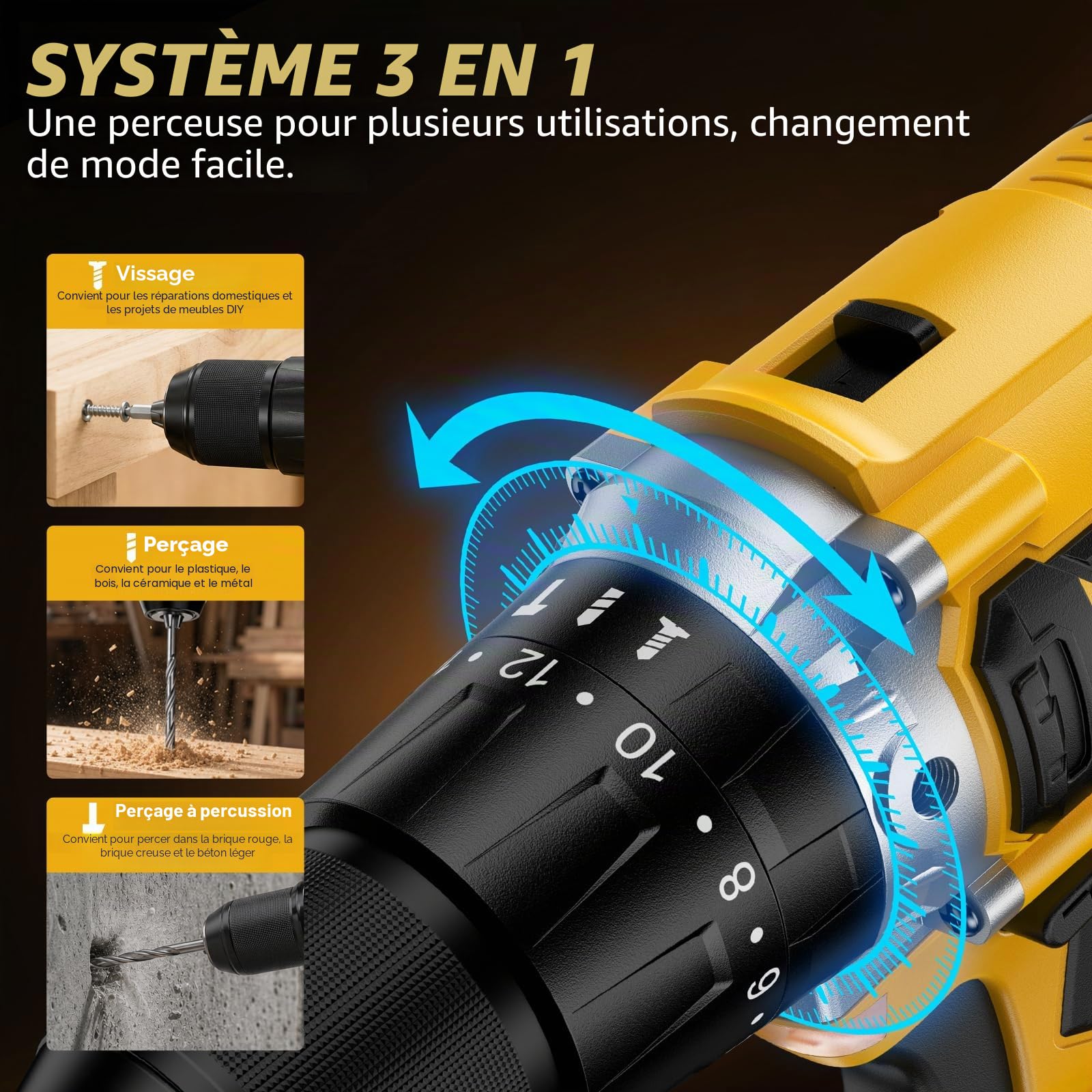 Sundpey Perceuse Visseuse Percussion Sans Fil 21V - Max 2150RPM Brushless Visseuse Devisseuse Sans Fil avec 2 Batteries 4.0Ah, 20+3 Réglages de Couple, 13mm Mandrin, 2 Vitesses, Led, pour Bricolage