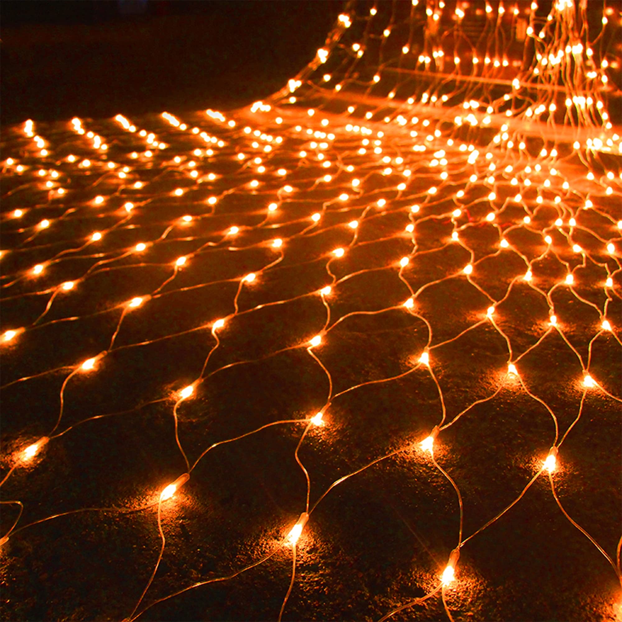 WATERGLIDE Outdoor Halloween Net Lights, 12FT x 5FT 360 LED Fairy String Light with 8 Lighting Modes, Connectable Light Safe Adaptor for Garden Tree, Bushes, Holiday Wedding Party Decorations, Orange