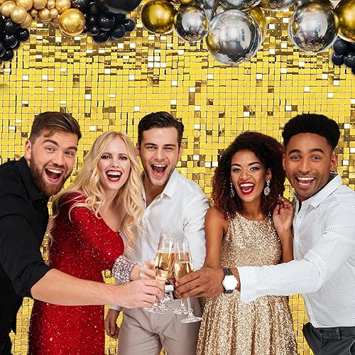 Miniatura 6 de Emart Telón de fondo de pared dorado brillante, paneles de lentejuelas para decoración de fondo de fotos, para fiestas, cumpleaños, bodas, 12