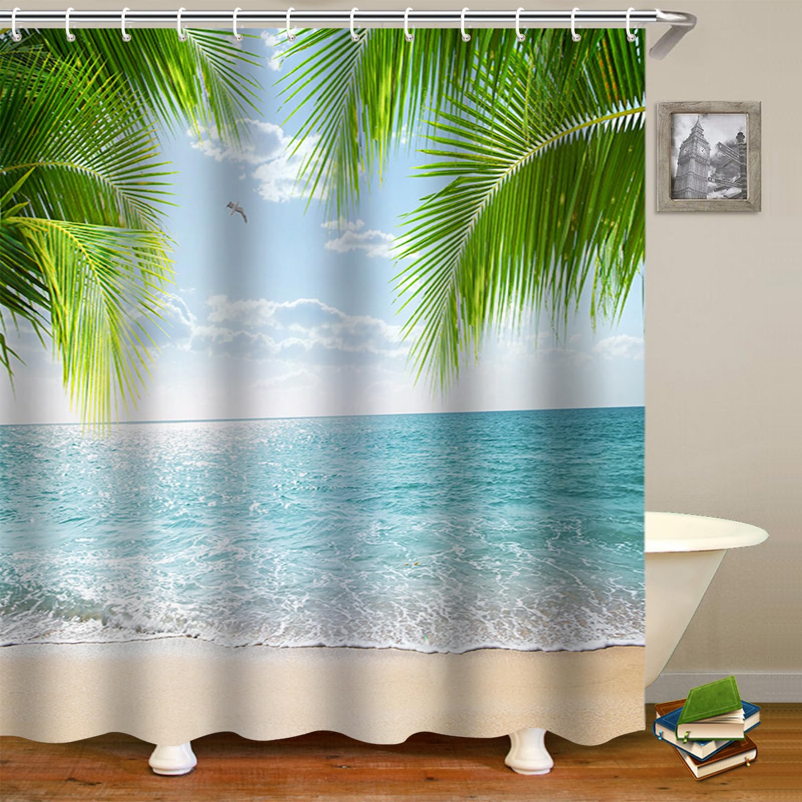 FAIRYGATE Wet Room Shower Curtain Ocean Beach Shower Curtains Tropical Teal Sea Scenery Bathroom Blue Outdoor Palm Leaves Bath Curtain Mould Proof Resistant Washable Waterproof B8817