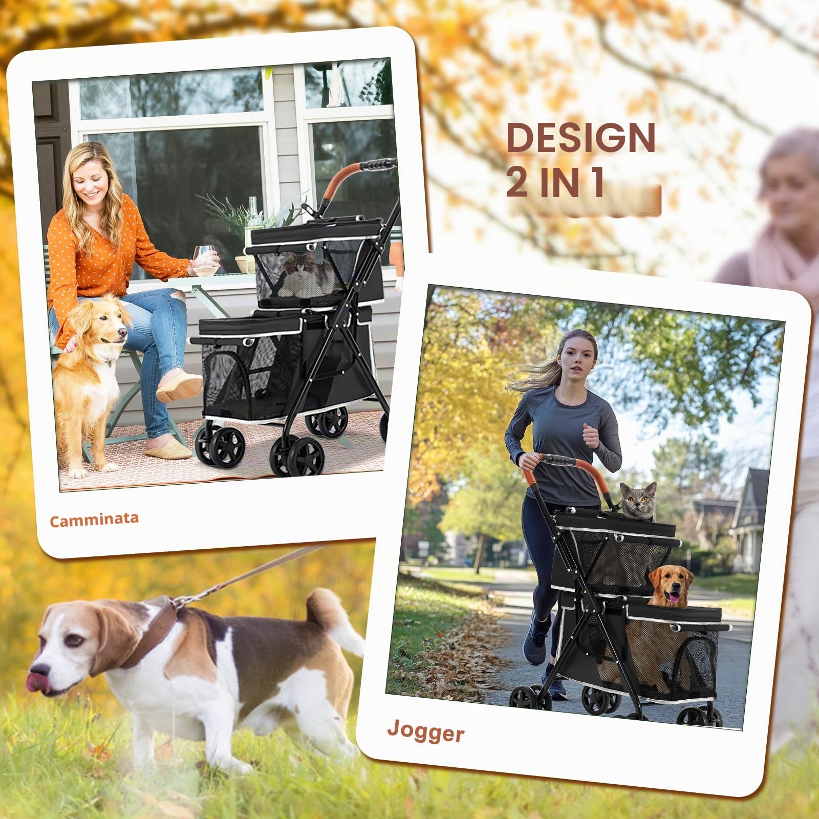 Passeggino per Cani Gemellare 20kg Capacità [Pieghevole 1 Secondo] Carrello per Animali con 4 Ruote con Freni e Struttura Ventilata per Taglia Media, nero