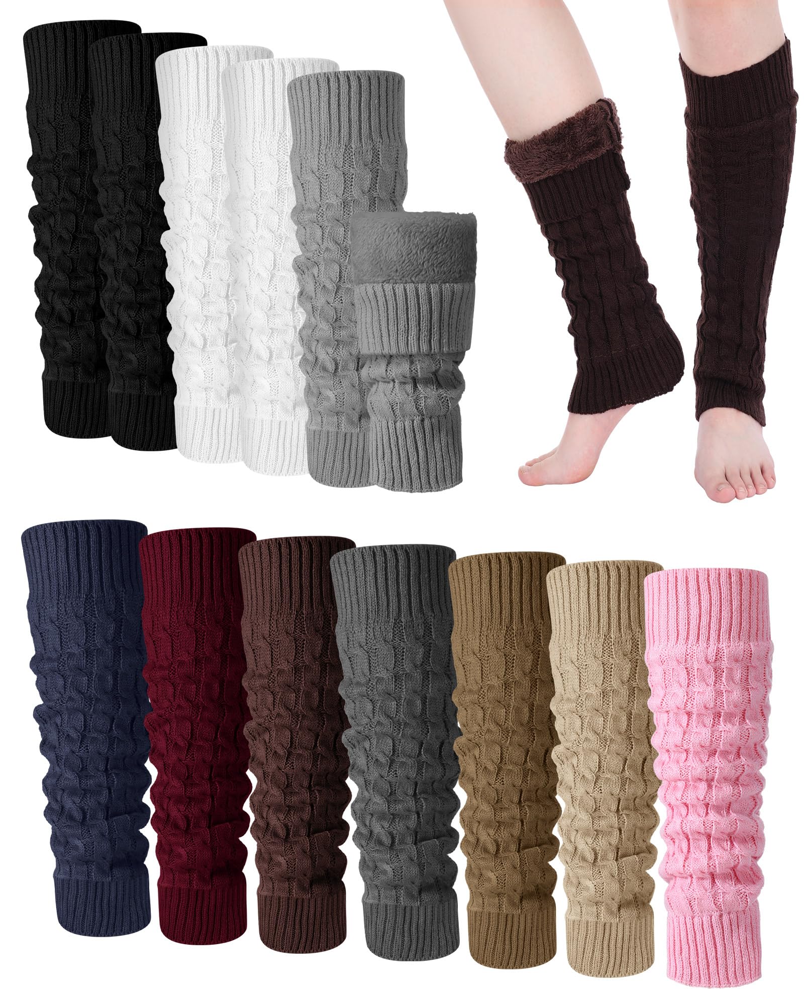 Shihanee 10 Pairs Winter Fleece Lined Leg Warmers for Women Warm Thicken Knit Cable Leg Warmers Skating Long