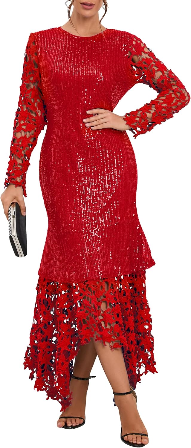 IWFEV Sequins Floor-Length Hollow Asymmetrical Women's Maxi Dress Lace Dress Party Evening Dress