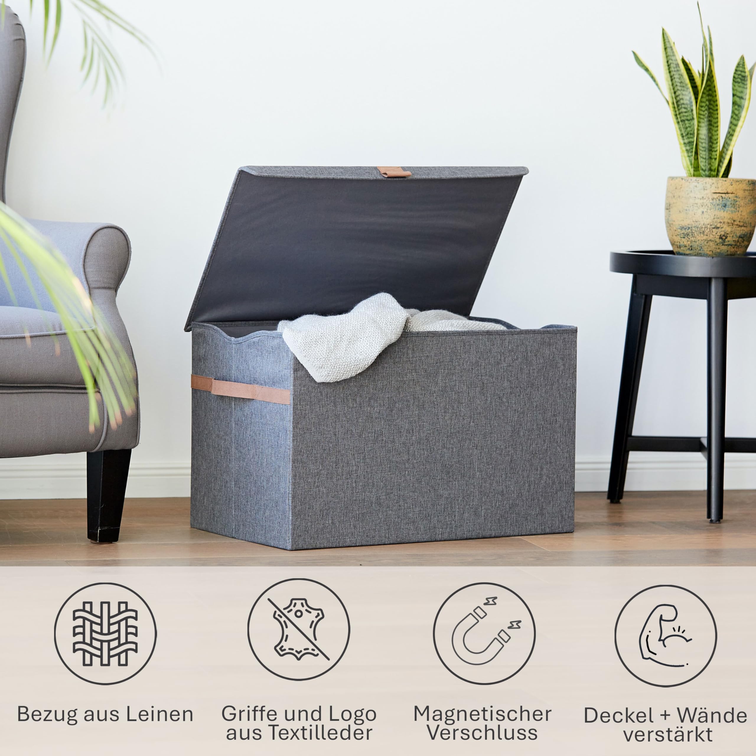 LOVE IT STORE IT Premium Aufbewahrungsbox mit Deckel Groß, Grau | Aufbewahrungstruhe für Wohnzimmer aus Leinen, Verstärkt mit Holz, Extra Stabil, 62x37,5x39 cm
