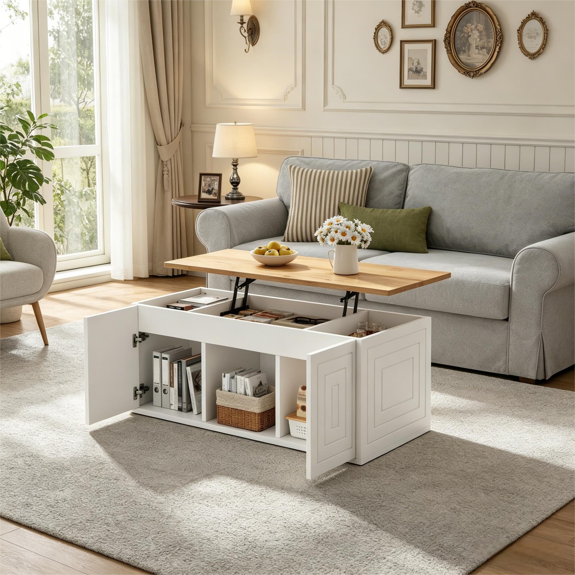 ModernLuxe Lift Top Coffee Table with Storage, Height Adjustable Coffee Table with 2 Doors, Hidden Storage Cabinet, Multifunctional Centre Table for Dining, Working, Living Room, White & Natural Wood
