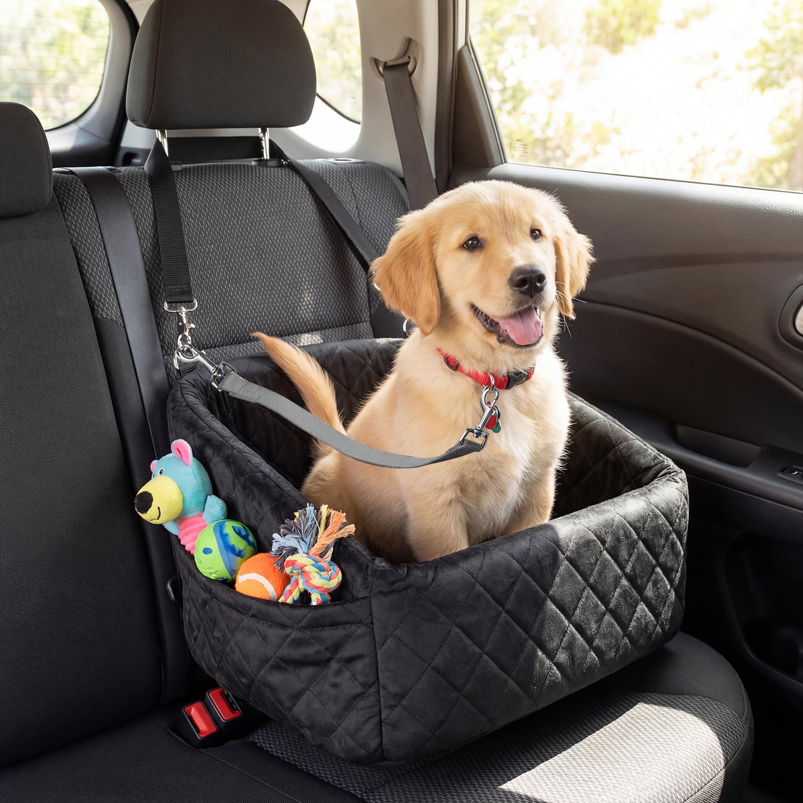 COSTWAY Seggiolino Auto per Cani, Trasportino per Cani di Piccole e Medie Taglie, Borsa Traspirante e Lavabile con Cuscino, Corde di Fissaggio e Tasche per Gatti e Altri Animali (Nero)