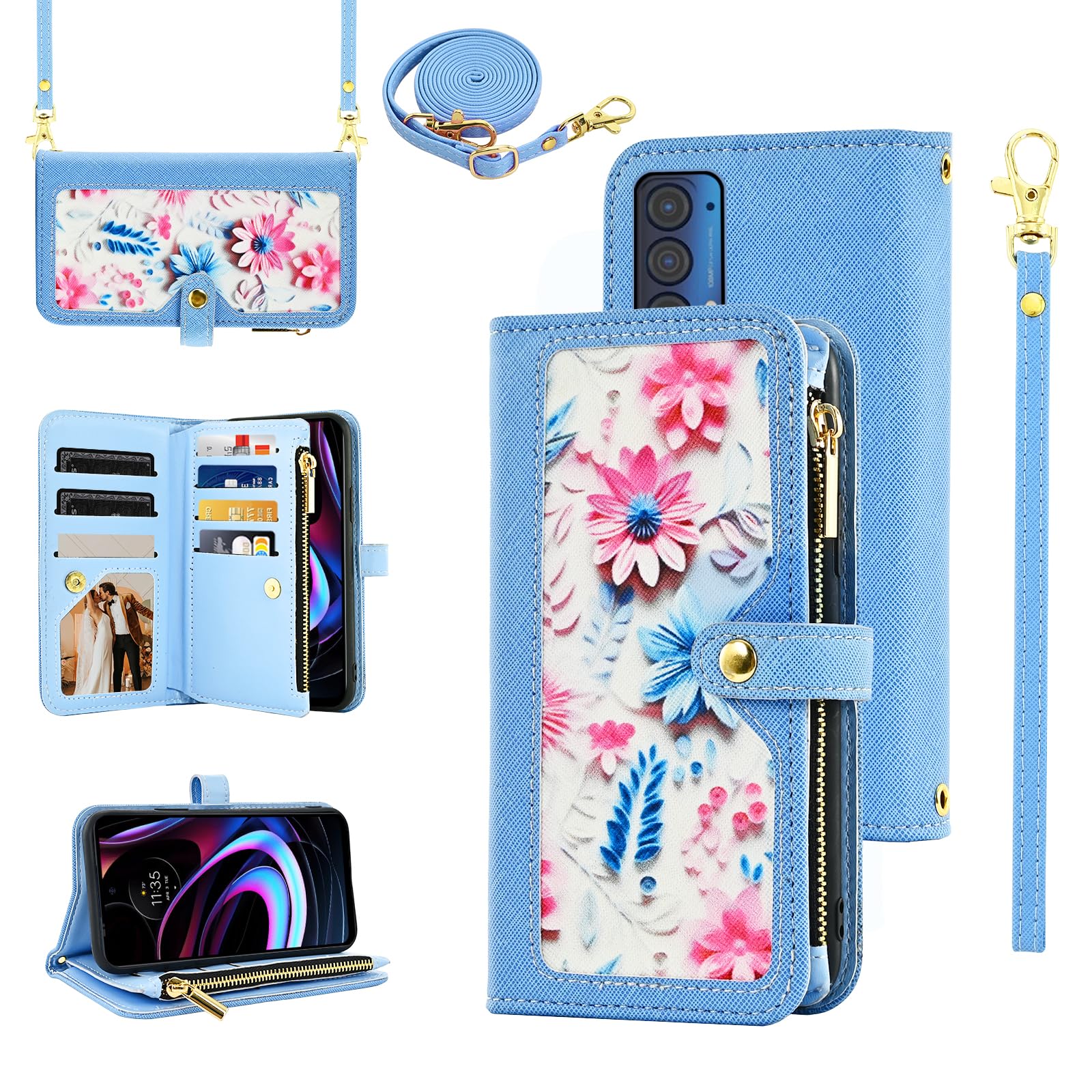 Furiet Floral Wallet Case for Motorola Moto Edge 2021/MotoEdge 5G UW 2021 with Wrist Strap Shoulder Strap Flip Zipper Purse, PU Leather Credit ID Card