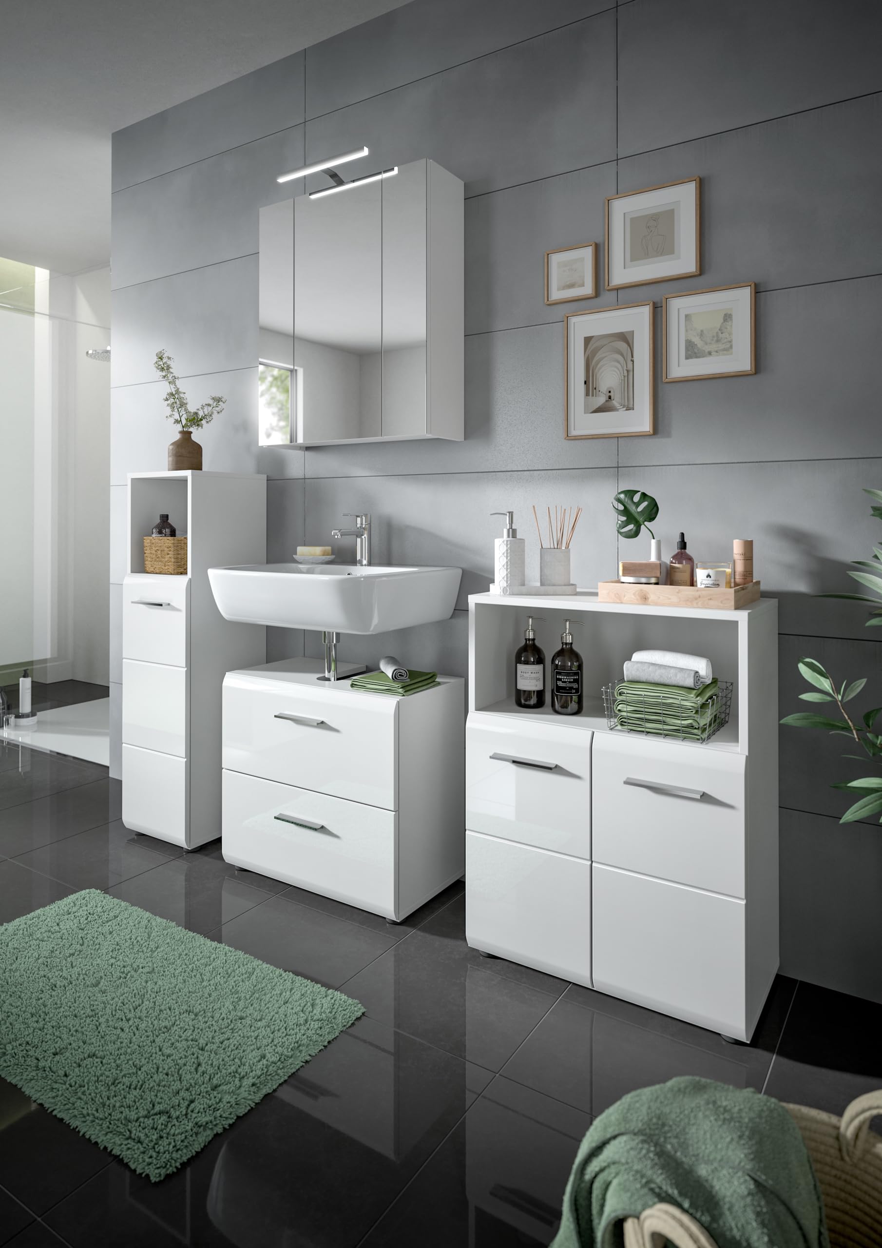 xonox.home - Waschbeckenunterschrank Ice 60x54x32 cm in weiß Hochglanz Tiefziehfront Korpus weiß - Unterschrank Waschtischunterschrank Badezimmerunterschrank - mit 2 Schubkästen