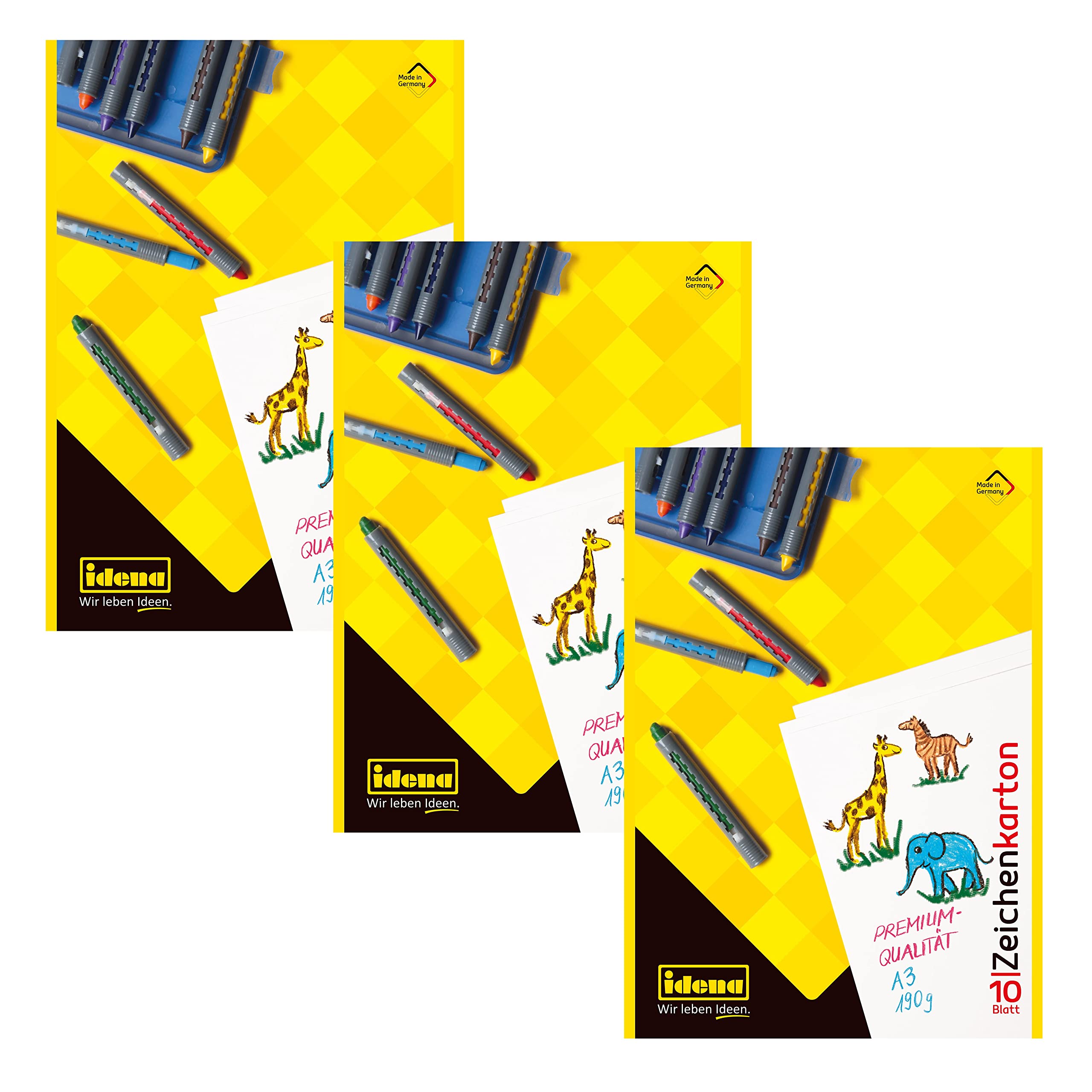 Idena 10382 - Bloc de dibujo, DIN A3, 10 hojas, 190 g/m², 3 piezas