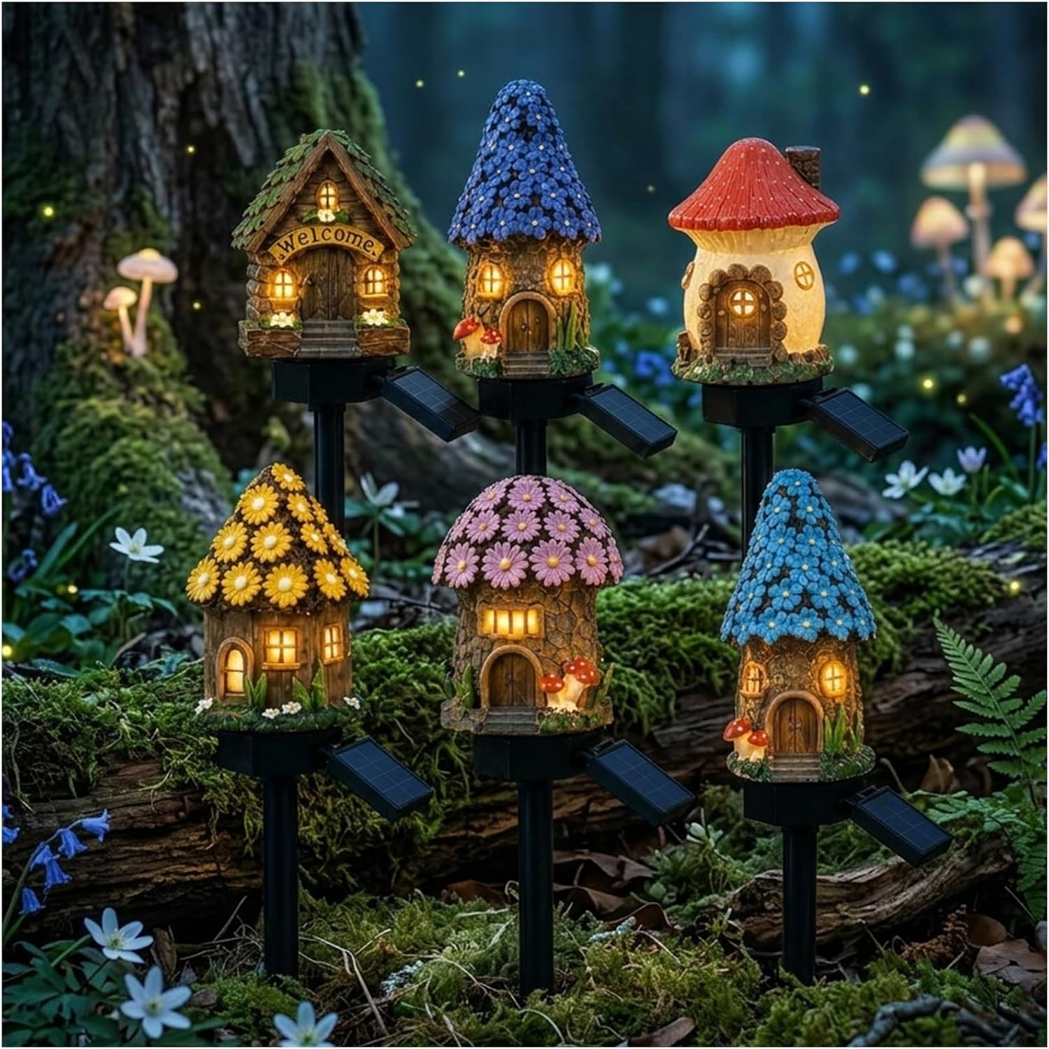 Siebkorb Solar Fairy-Tale Mushroom House Lights Cottage Garden Stake Lights,Resin Mushroom Cottage Figurine, Waterproof Led Outdoor Solar Pathway Lights for Lawn, Walkway, Patio, Yard (6PCS)