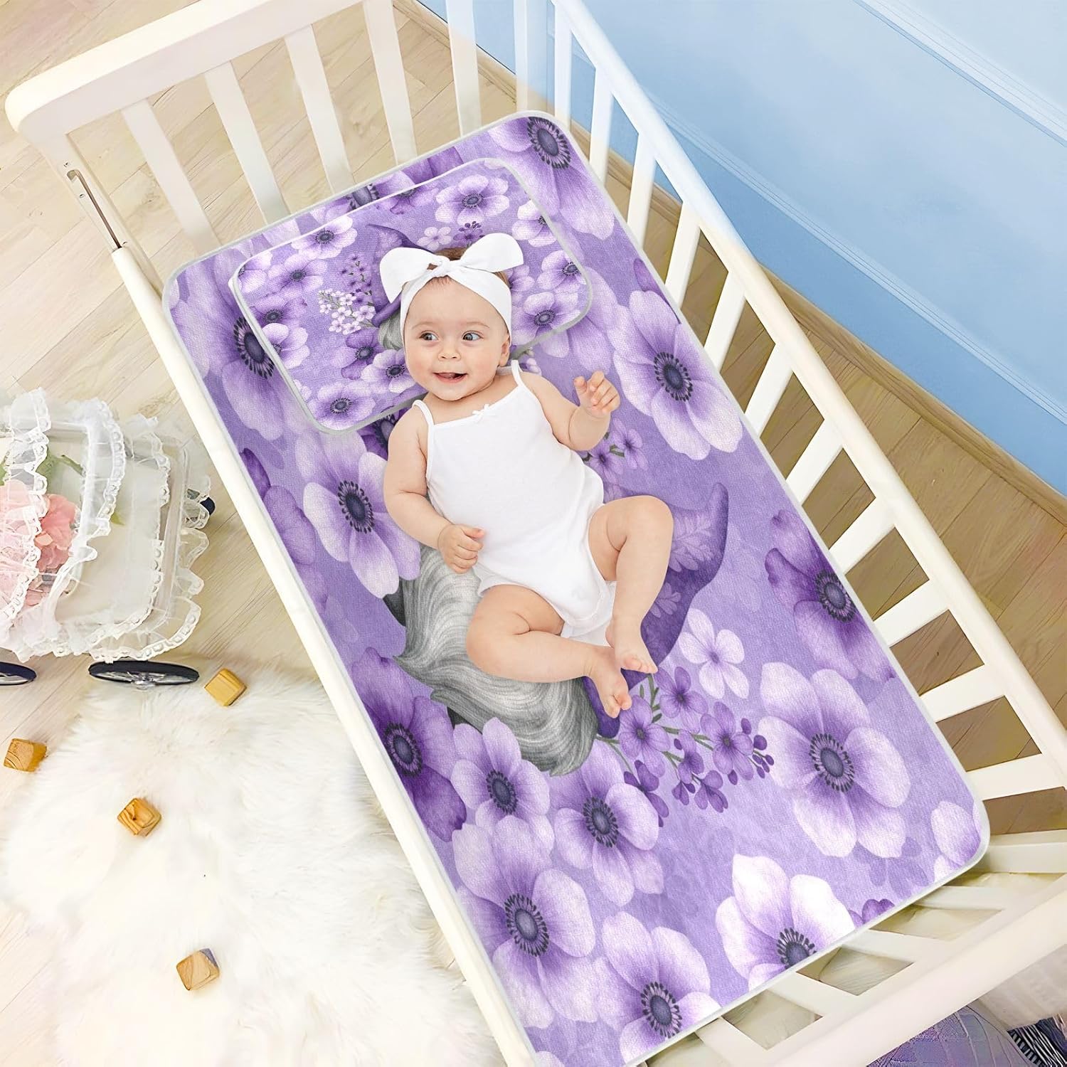 Cooling Baby Bed Mattress Cover 28" x 52" Washable Cute Purple Gnome Anemones Flower Lavender Bed Pads Washable for Kids, Adult