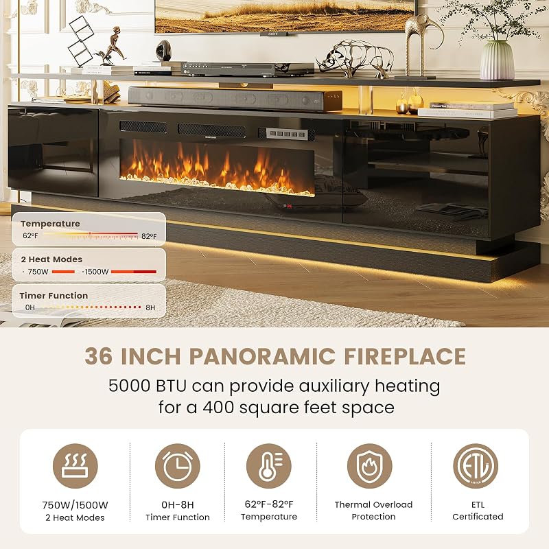70" Fireplace TV Stand, Modern Entertainment Center image 3