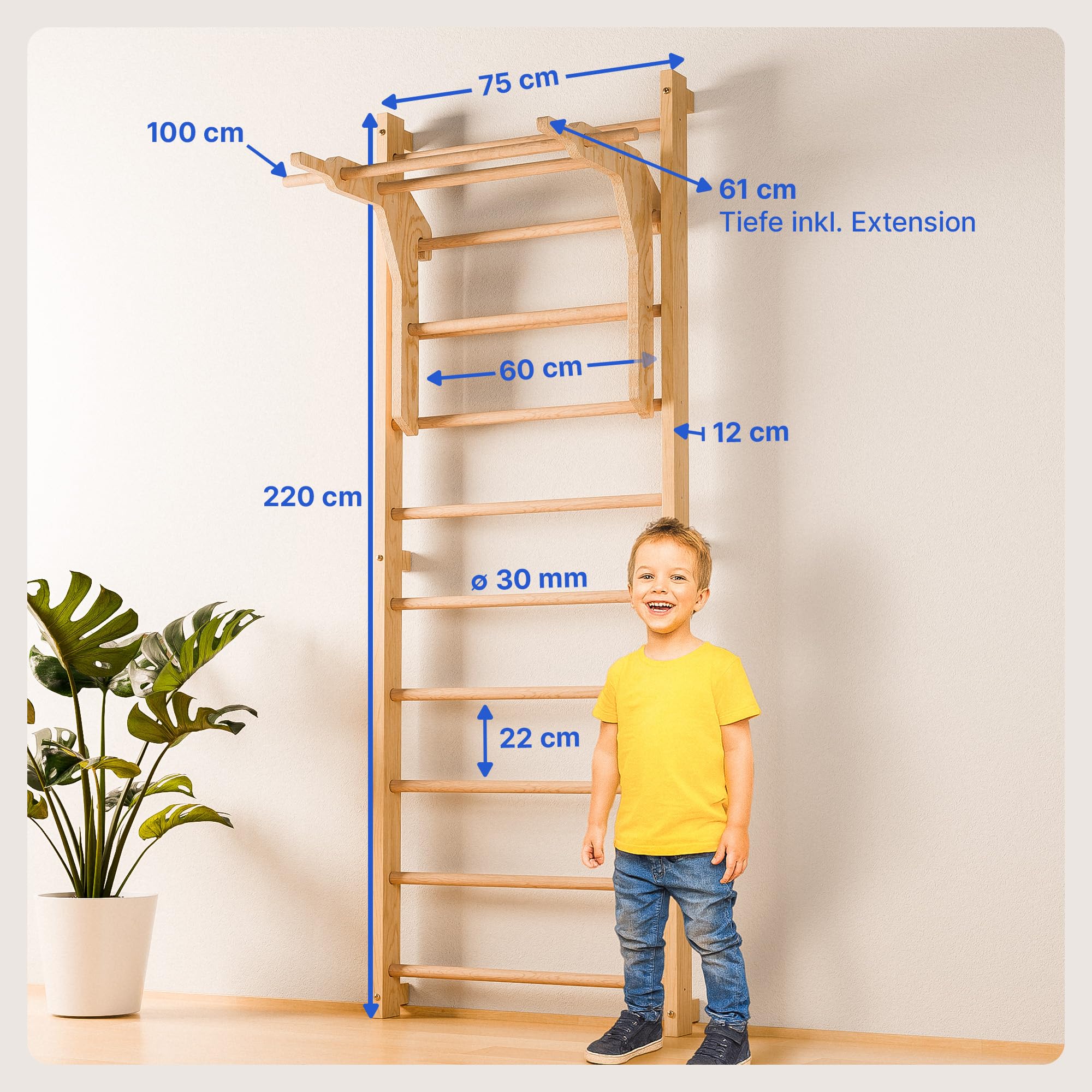 Sprossenwand für Erwachsene und Kinder - inkl. Klimmzugstange & Dip Extension - Kletterwand und Sprossenwand Kinderzimmer