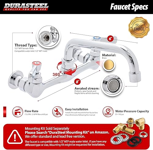 Miniatura 5 de DuraSteel - Grifo de fregadero de cocina para montaje en pared, centro de 8 pulgadas, grifo de fregadero de cocina comercial con boquilla giratoria