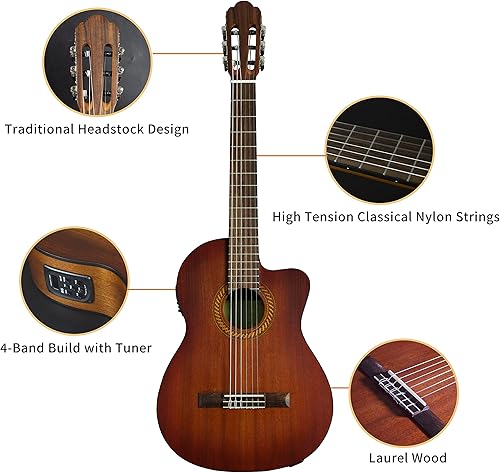 Miniatura 4 de TARIO Guitarra clásica eléctrica de 39 pulgadas de tamaño completo, guitarra acústica de caoba, parte superior de caoba trasera y costados, cuello