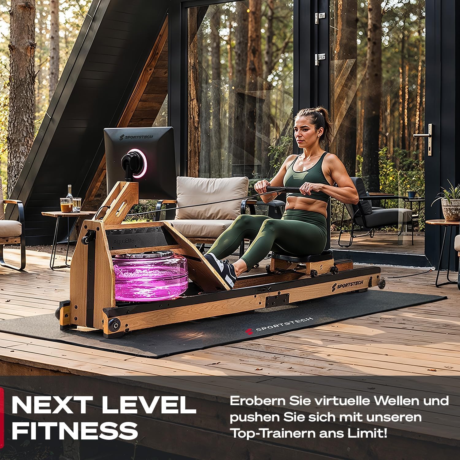 Sportstech AquaElite, Wasser Rudergerät für zu Hause, authentisches Rudererlebnis, Cardio und Ganzkörpertraining, Massivholz, klappbar, LED-Wassertank, 10,1" oder 21,5" Display mit App