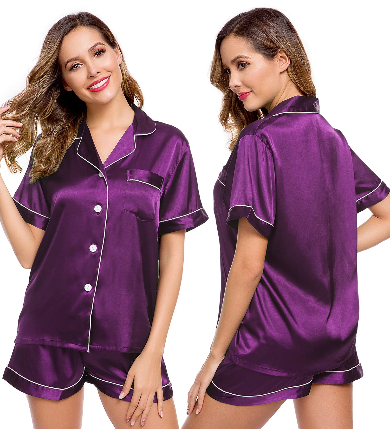 LecGee Womens Silk Satin Pajamas Short Sleeve Loungewear Two-Piece Sleepwear Button-Down Pj Set