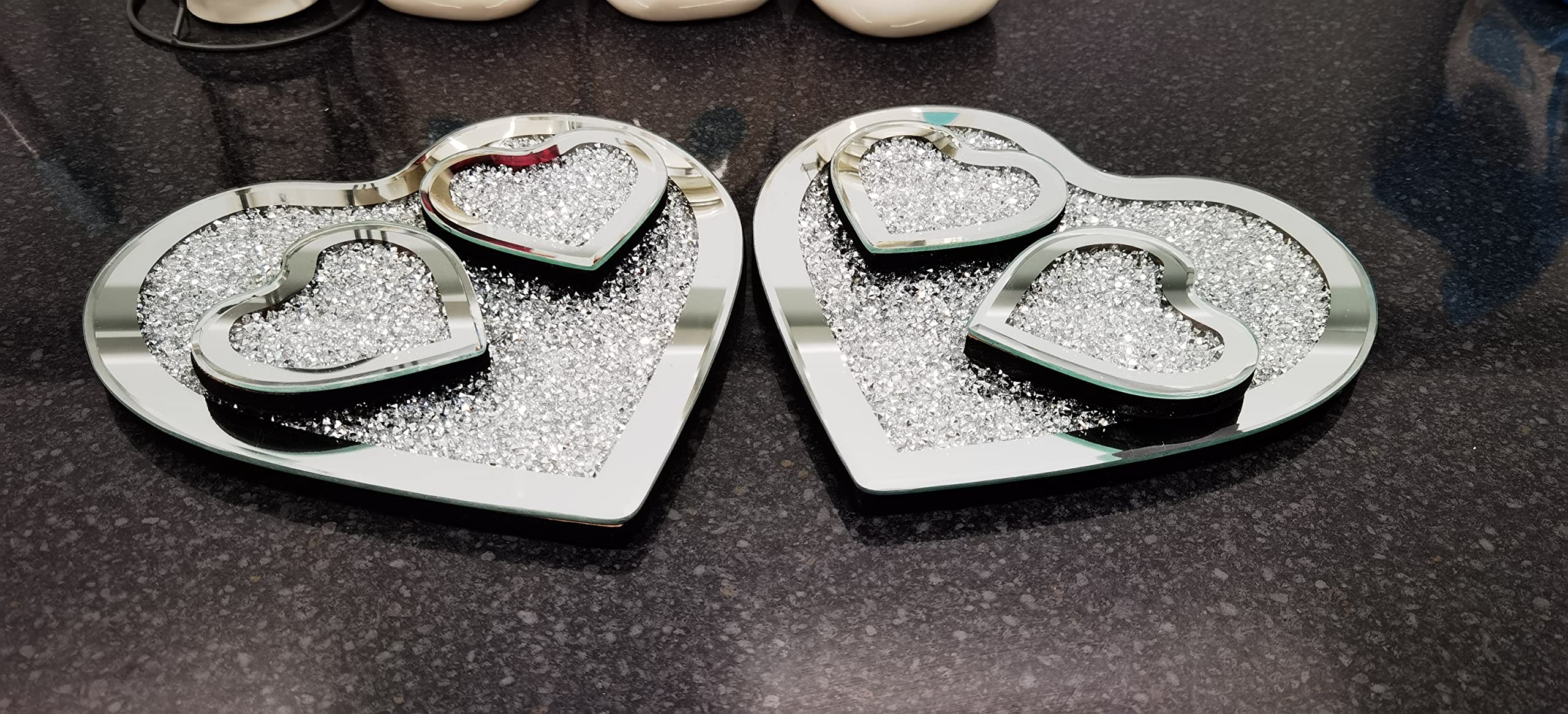 Deenz New Heart Shaped 4X Coaster 2X Placemets Set Of 6 Mirror Full Crushed Jewel Diamante Diamond Glass Cup Mat Gift Set