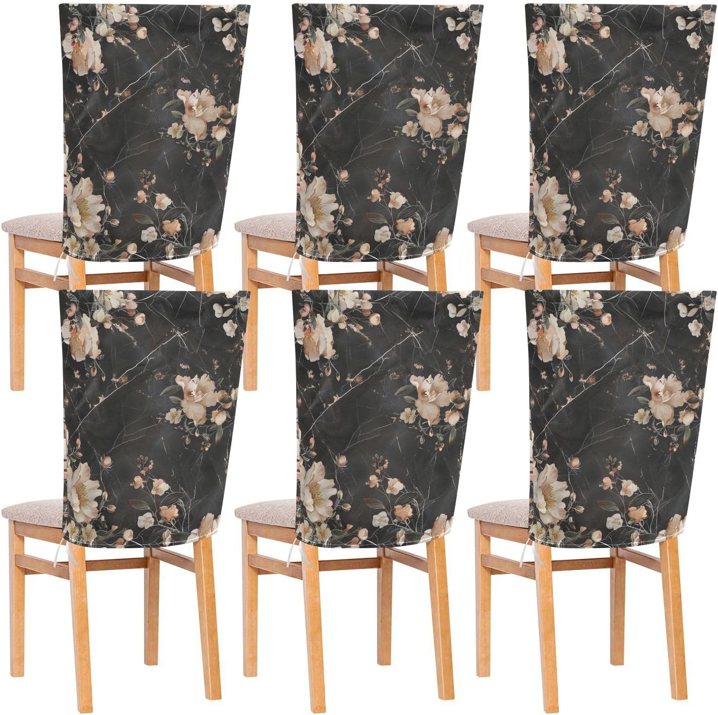 ALAZA Black Marble Flowers Chair Back Cover Set of 6, Washable Reusable Removable Chair Slipcovers Decorative Chair Cover for Home Kitchen Wedding Party