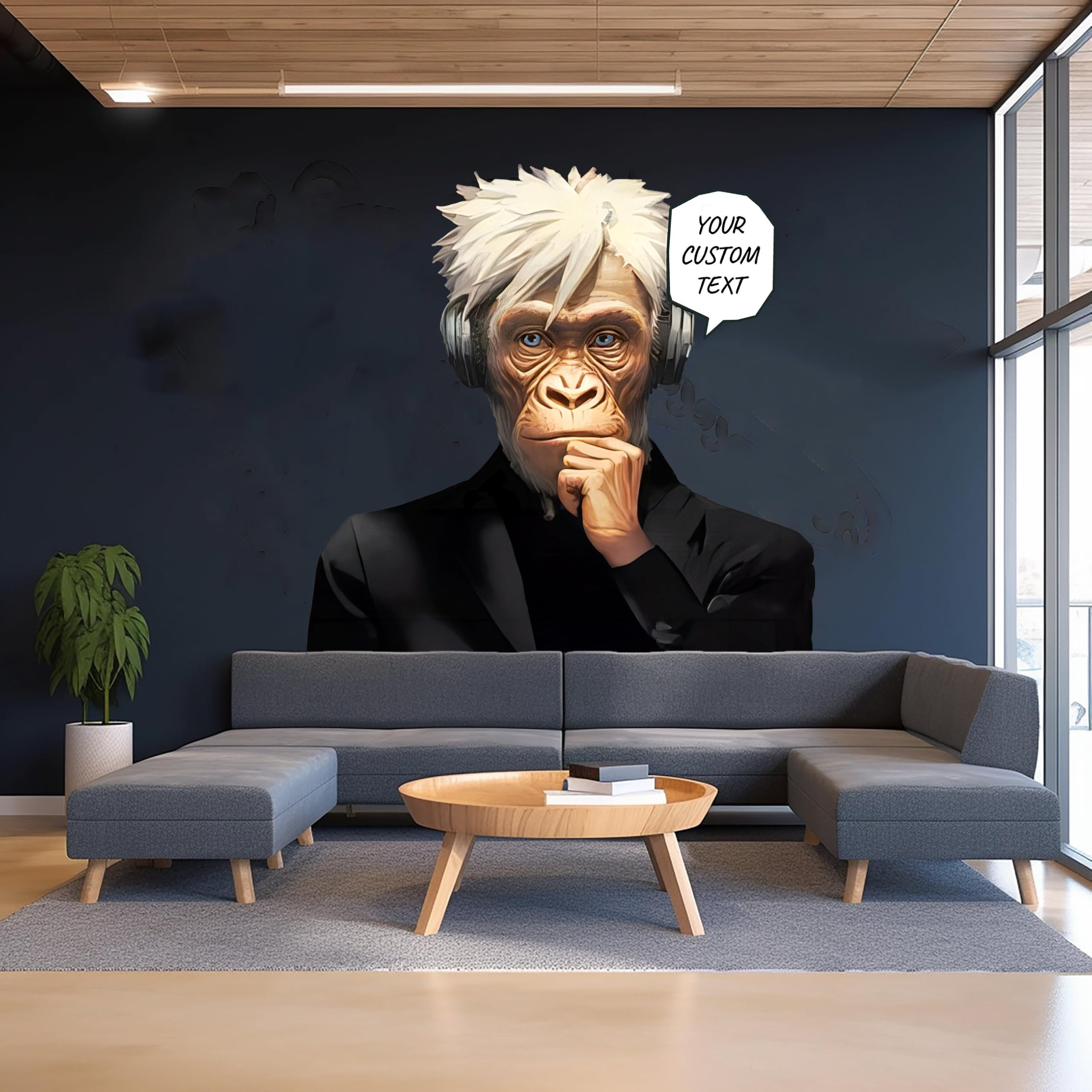Wise Thinking Monkey Sticker - Adesivo da parete con scimpanzé DJ in cuffia, personalizzabile in vinile per la stanza dei ragazzi e gli appassionati di musica