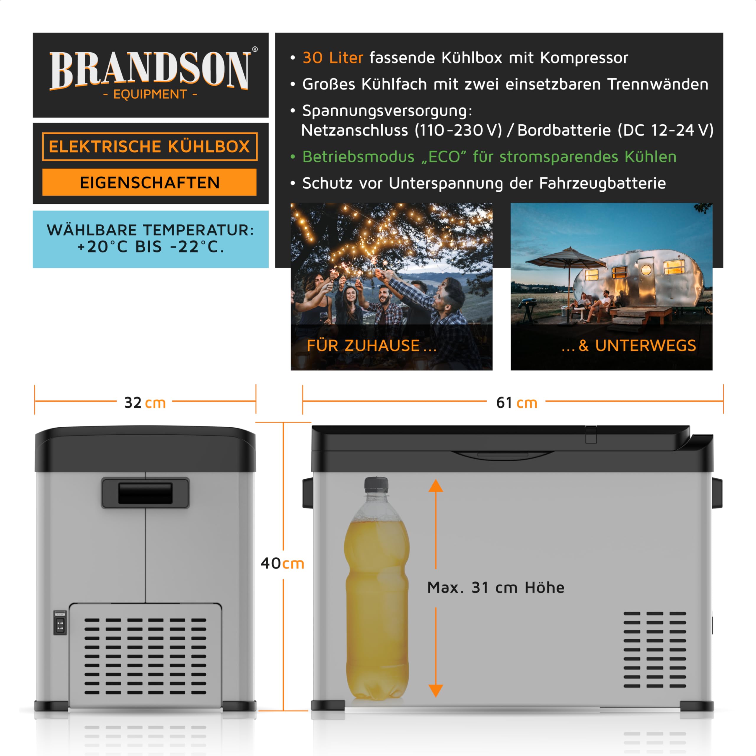 Brandson - ECO Kompressor Kühlbox XXL elektrisch - 30L Getränke Kühlschrank - Gefrierbox Kühlung bis – 22°C - Autokühlbox mit ECO Modus - 30 Liter 12V 24V KFZ – für LKW Auto Camping Boot – Cool Grey