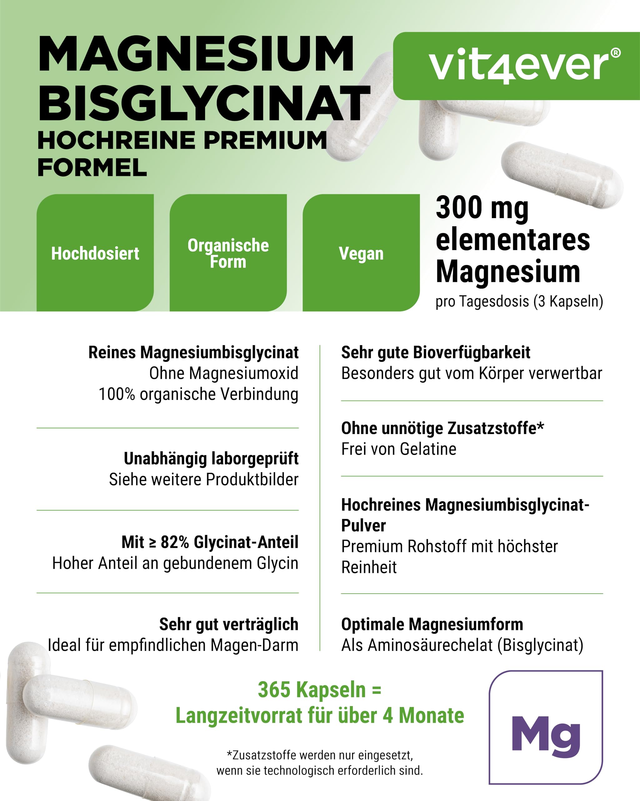 vit4ever Magnesiumbisglycinat - 365 Kapseln - 300 mg elementares Magnesium pro Tagesdosis - Premium: Chelatiertes Magnesium - Laborgeprüft, vegan, hochdosiert | 300 mg elementares Magnesium pro Tagesdosis, Premium chelatiertes Magnesium, vegan