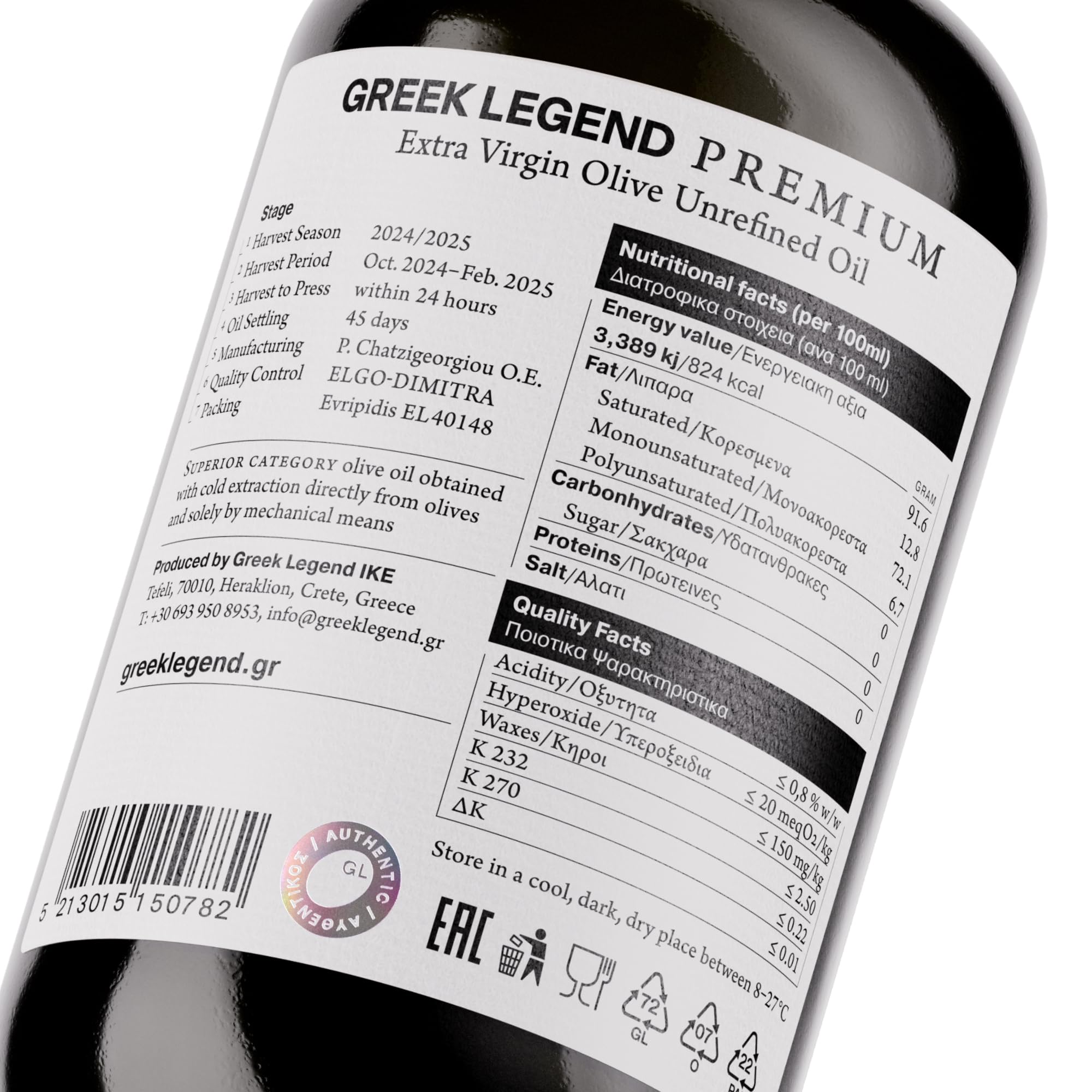 GREEK LEGEND Premium Olivenöl Extra Nativ aus Kreta - Olive Oil Extra Virgin - Griechisches Olivenöl, 100% Kaltgepresst, Ungefiltert, Reich an Polyphenolen, 500 ml Glasflasche