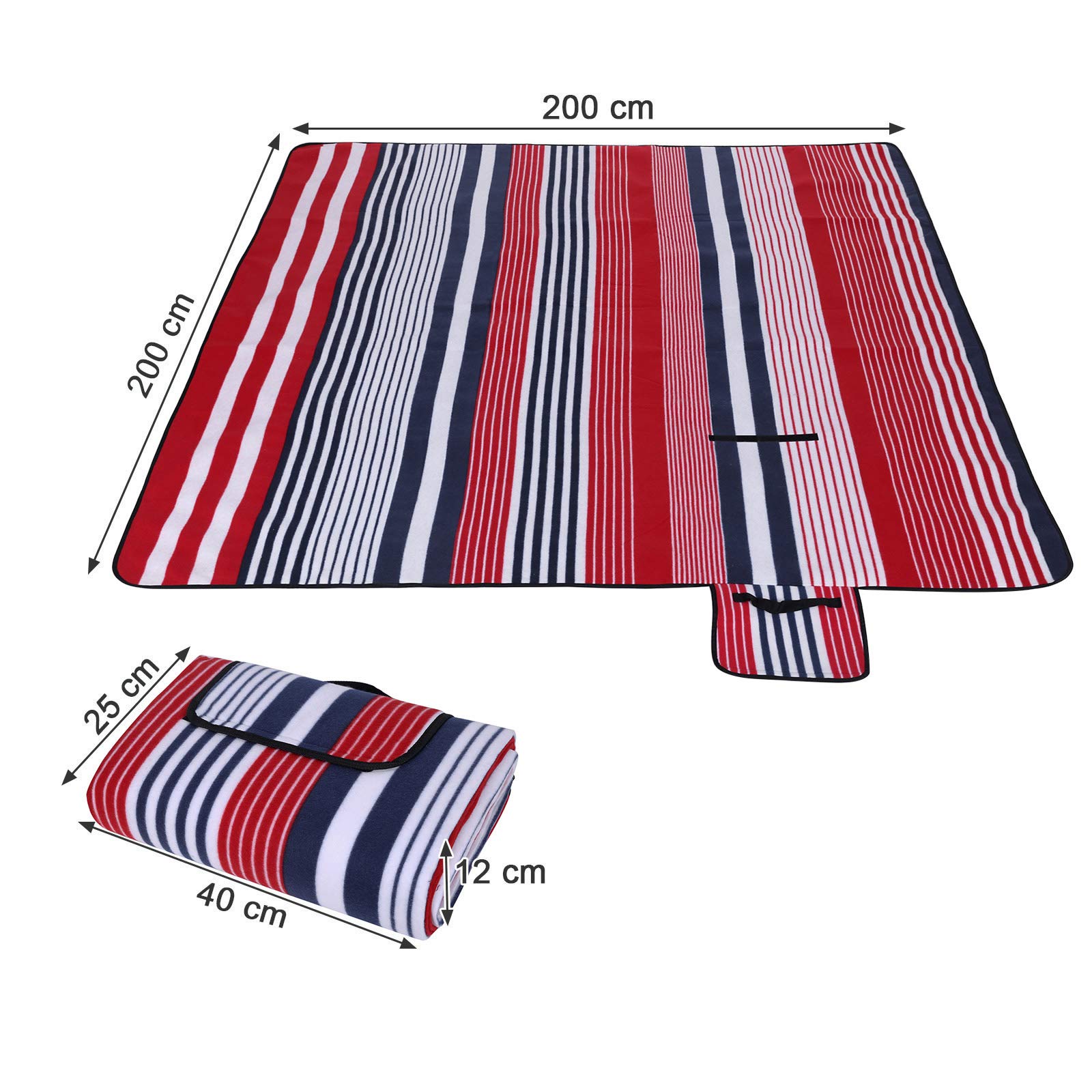 SONGMICS Coperta Picnic con Strato Impermeabile, 200 x 200 cm, Telo da Campeggio Spiaggia Giardino Esterno, Pieghevole e Leggera, Blu GCM70R Unisex-Adulto, Strisce Rosse e Bianche