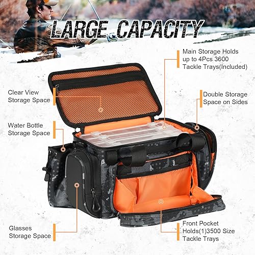 Miniatura 2 de X Strike Bolsa de pesca - Almacenamiento impermeable con 4 cajas de aparejos 3600, bolsa de hombro de agua salada y agua dulce para camping, caza,