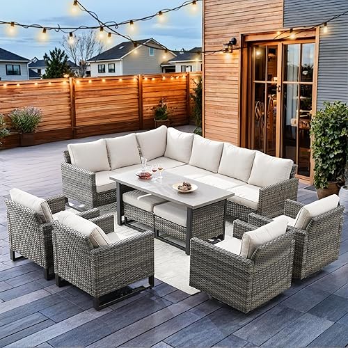 HUMMUH 9 Piece Patio Furniture PE Wicker 6-Seater Outdoor Sectional Sofa with Dinning Table Patio Swivel Chairs and Outdoor Chairs for Porch,Garden,Backyard,Deck
