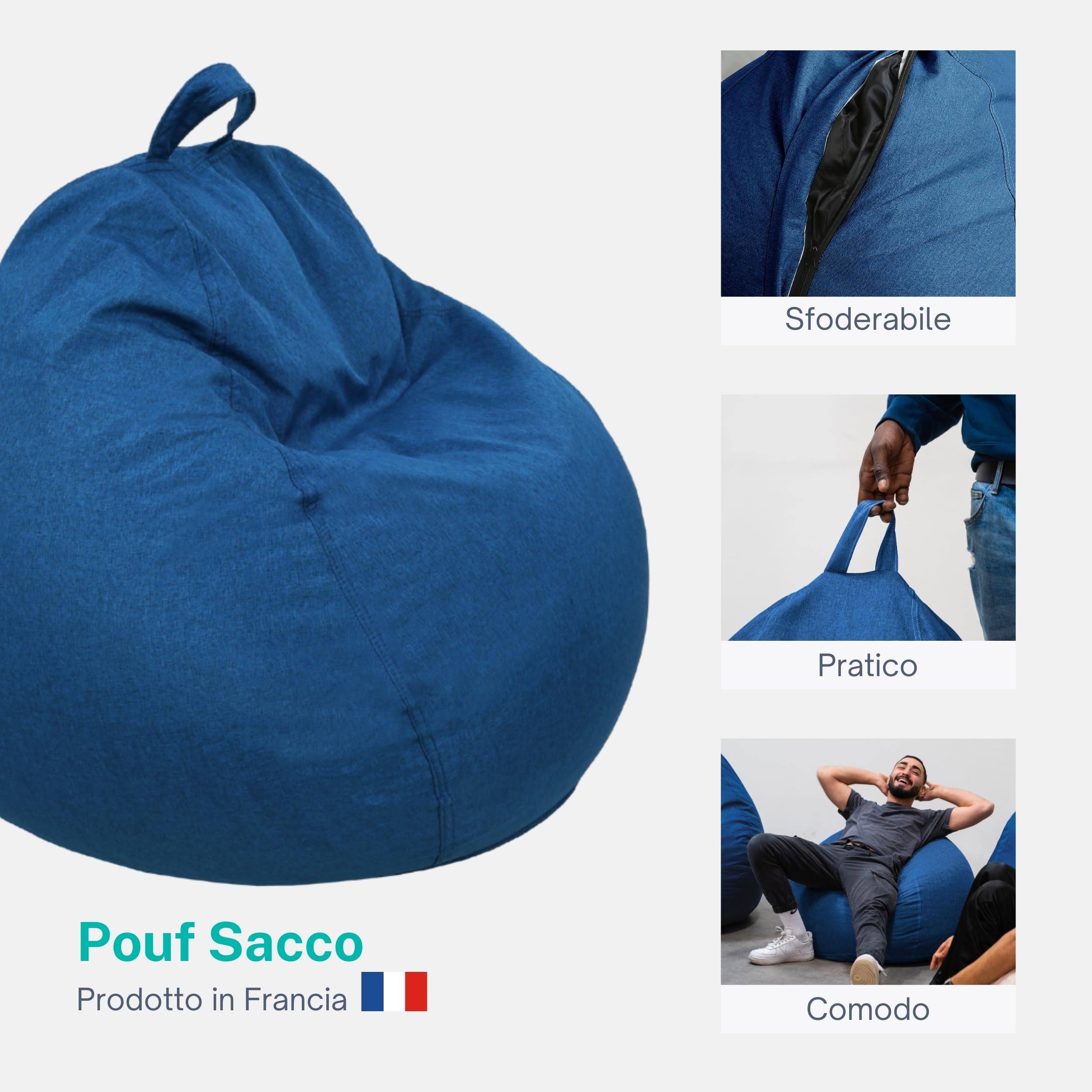 bananair - Pouf Poltrona Sacco con Imbottitura in Schiuma - Morbido e Confortevole - Fodera Lavabile - Pratico e Facile da Trasportare - Pouf Sacco per Tutta la Famiglia (80x70 cm, Blu)