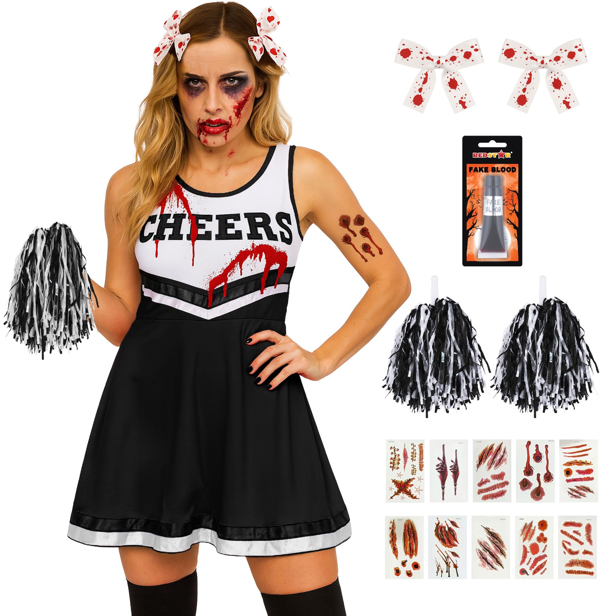 Zombie Cheerleader Halloween Costumes for Women - Dead Cheerleader Outfit Women with Pom Poms, Fake Blood, Scar Halloween Tattoos and Bloody Hair Clips - Womens Zombie Costume Adult Fancy Dress