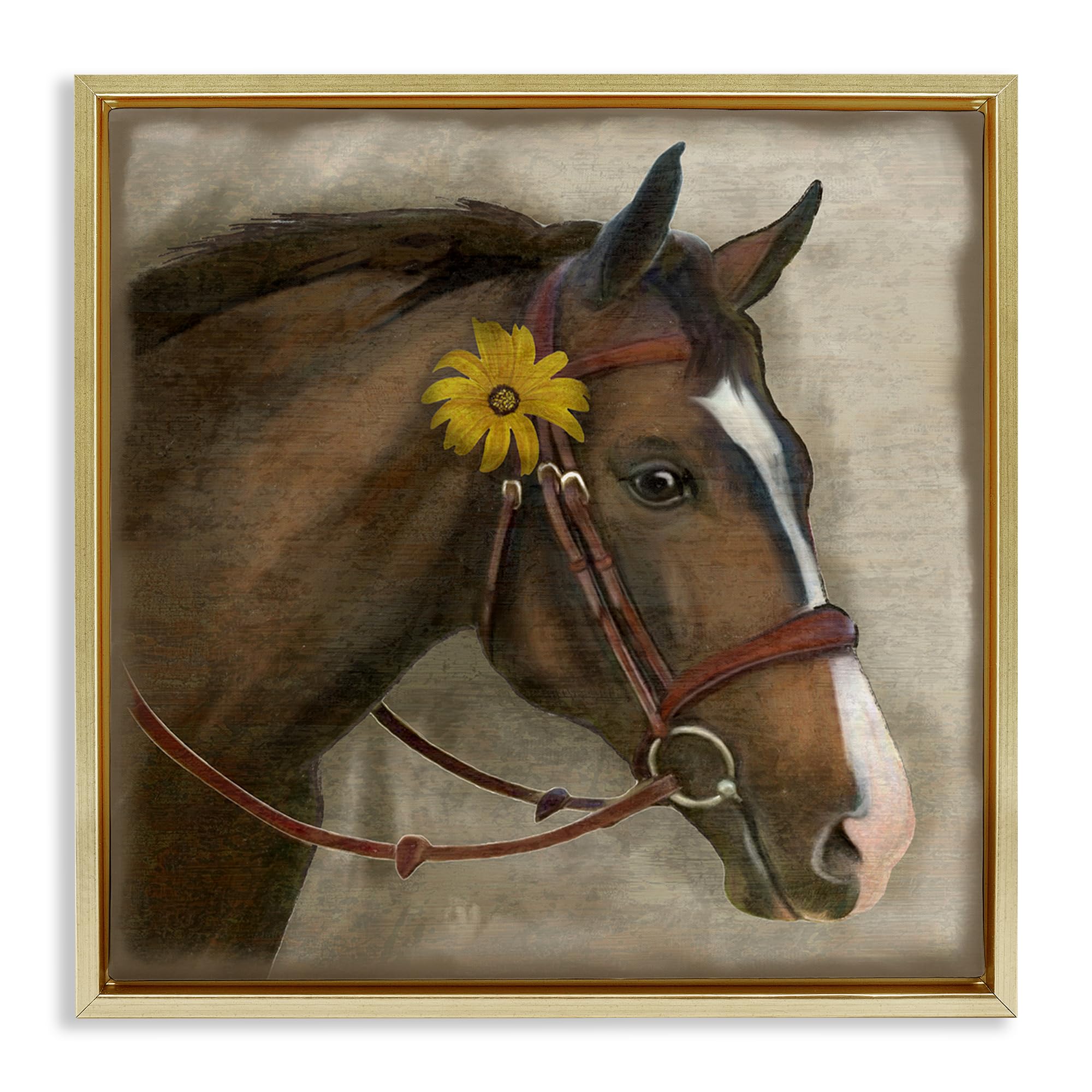 Stupell Industries Barnyard Horse Daisy Portrait_v1 'Barnyard Horse With Daisy', Floating Frame Canvas Art, Gold, 18 X 18 Inches, Easy To Hang And Sturdy, Made In Usa, By Suzanne Nicoll