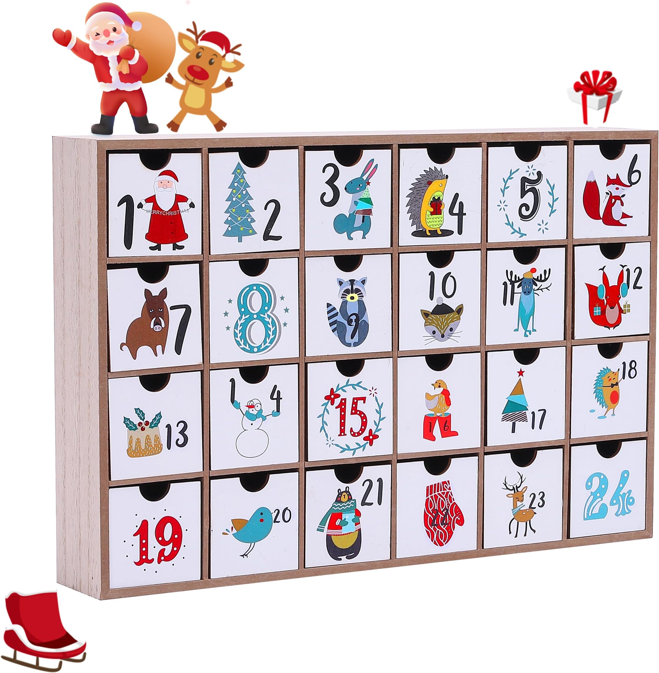 Wooden Advent Calendar with 24 Drawers, 2024 DIY Advent Calendar Box, Reusable Christmas Countdown Calendar, Xmas Gift for Kids, Adults, Boys, Girl