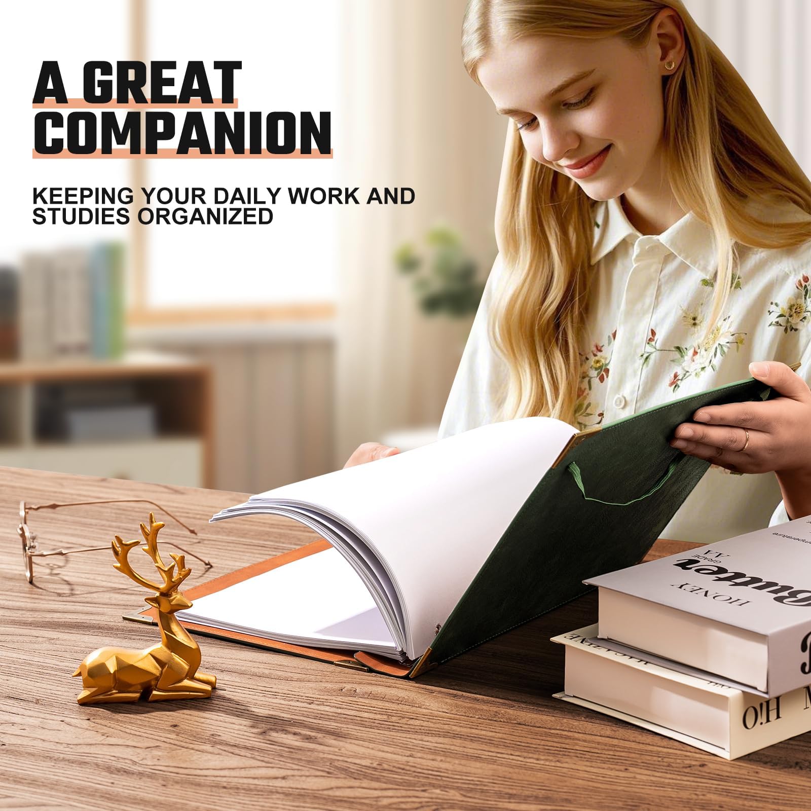 Leather 3 Ring Binder Fits 8.5"x11" Letter Size Paper, 1 Inch Round Ring Binder Holds 200 Sheets, Notebook Cover Loose Leaf Organizer, Green Tree