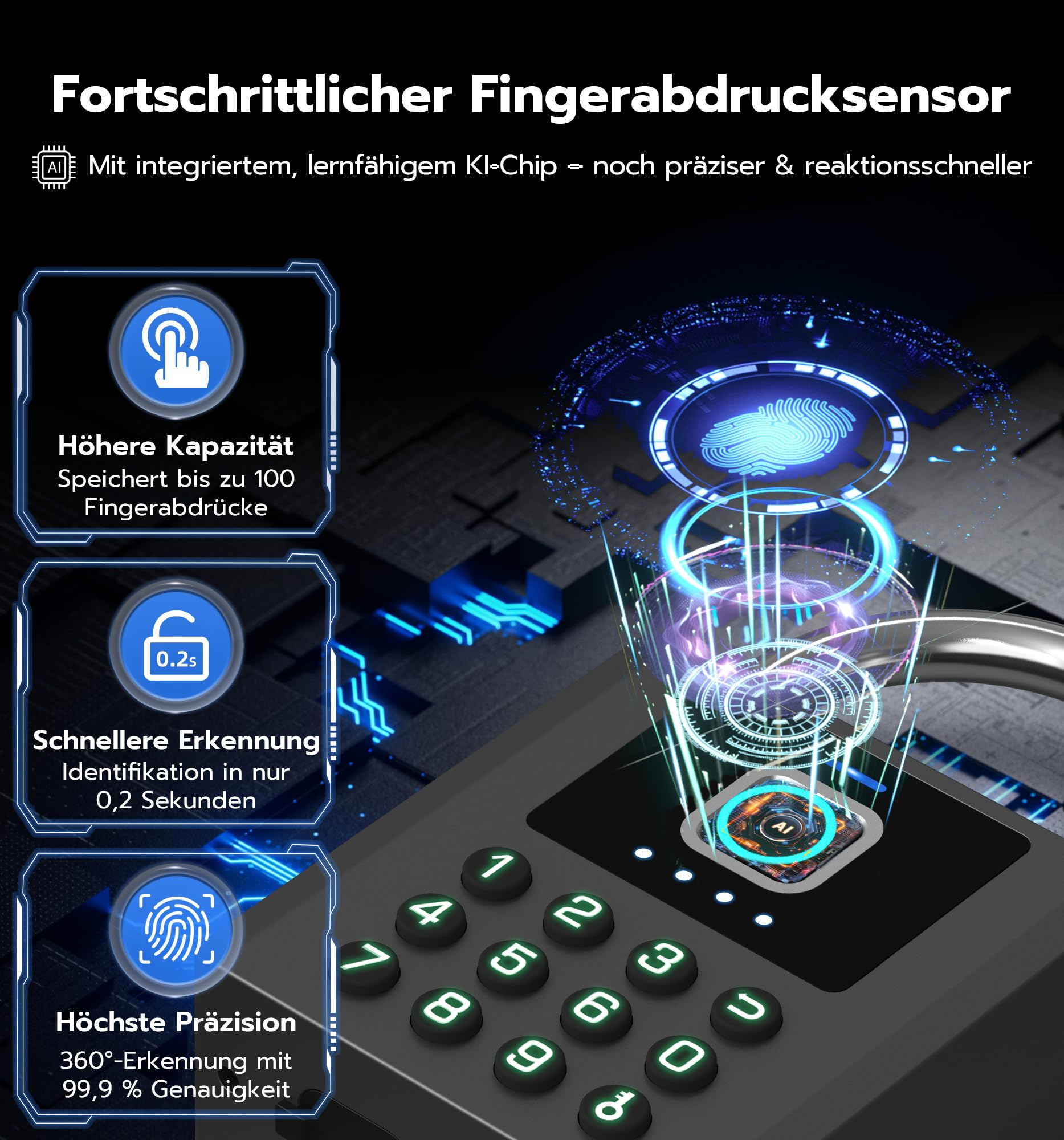 Smartes Fingerabdruck-Vorhängeschloss mit App & PIN-Code | 5-in-1 Öffnung mit Fingerabdruck, PIN, App, Apple Watch & Schlüssel. IP67 wetterfest, USB-C Akku für Garage, Garten & Spind.