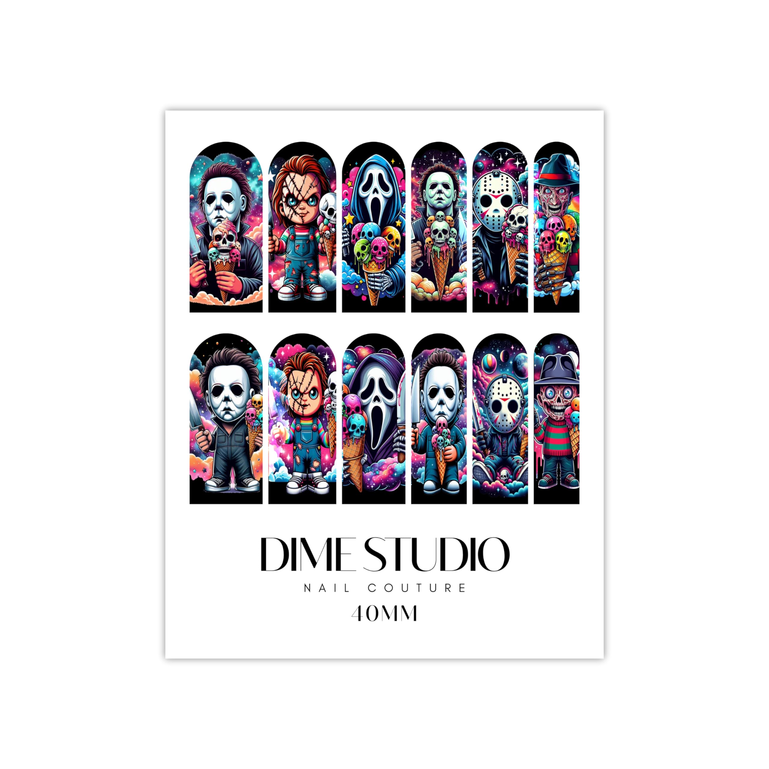 Scary Chibi Cute Horror Villain Nail Decals Summer Nights Water Transfer Nail Wraps Fun Halloween Nail Design For Nail Extensions (40MM MEDIUM)