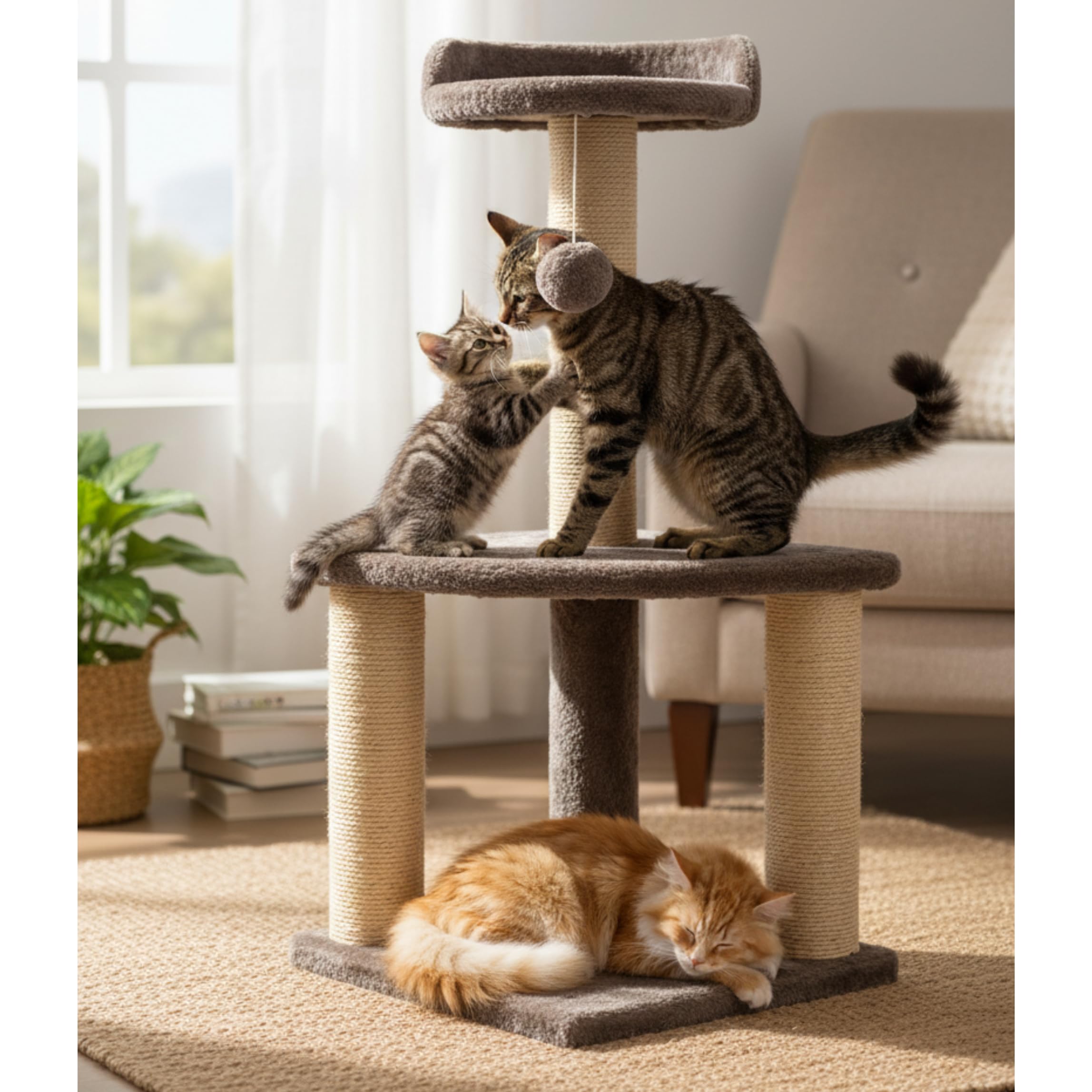 FURRLOVERS Soft Fur Activity Cat Tree for Kittens & Cats - Scratching Post, Natural Rope, Two Floor Tower, Hanging Ball (Height 32 Inch) (Brown - FURR-32) 2