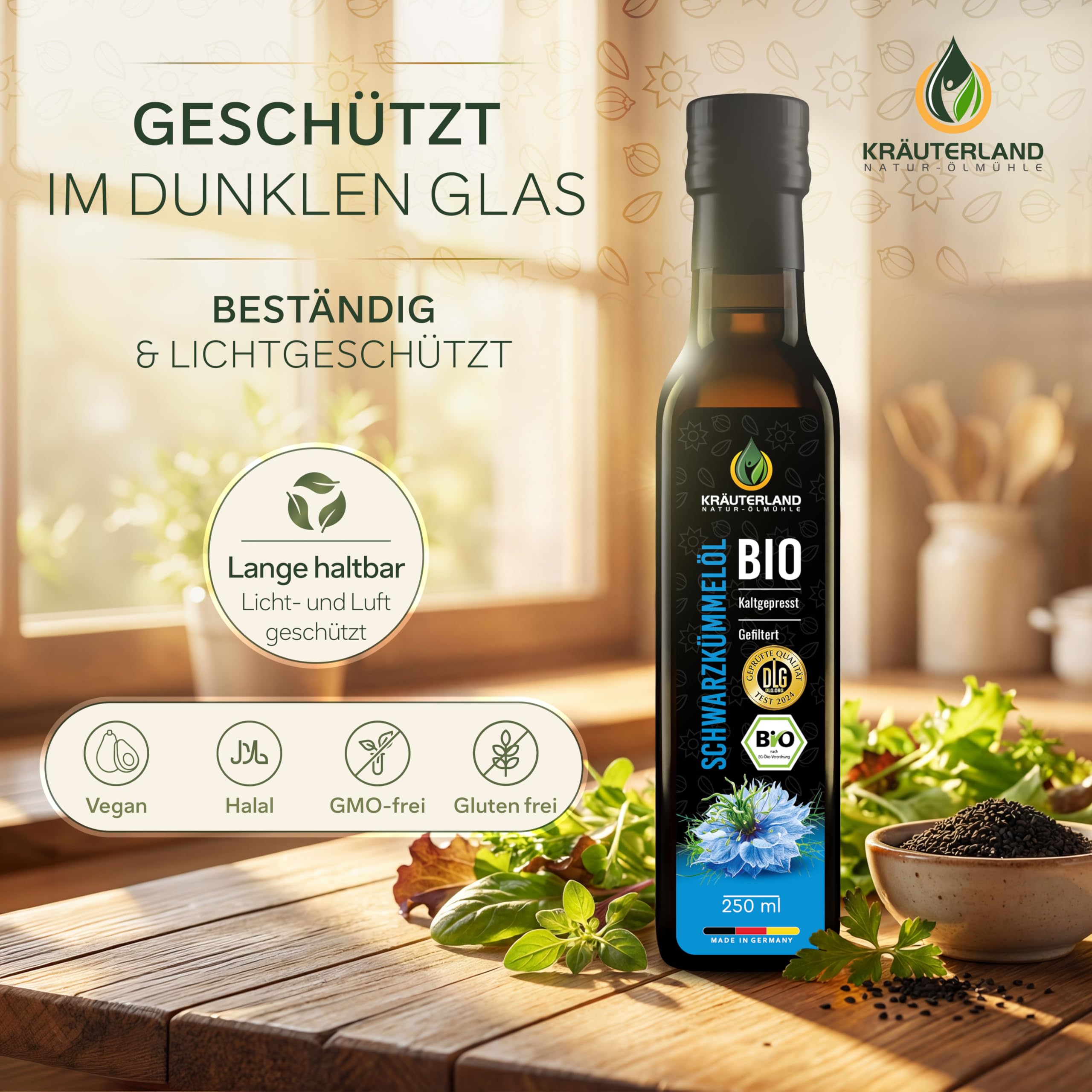 Kräuterland Bio Schwarzkümmelöl 4x250ml (1Liter) kaltgepresst gefiltert naturrein hoher Thymoquinon